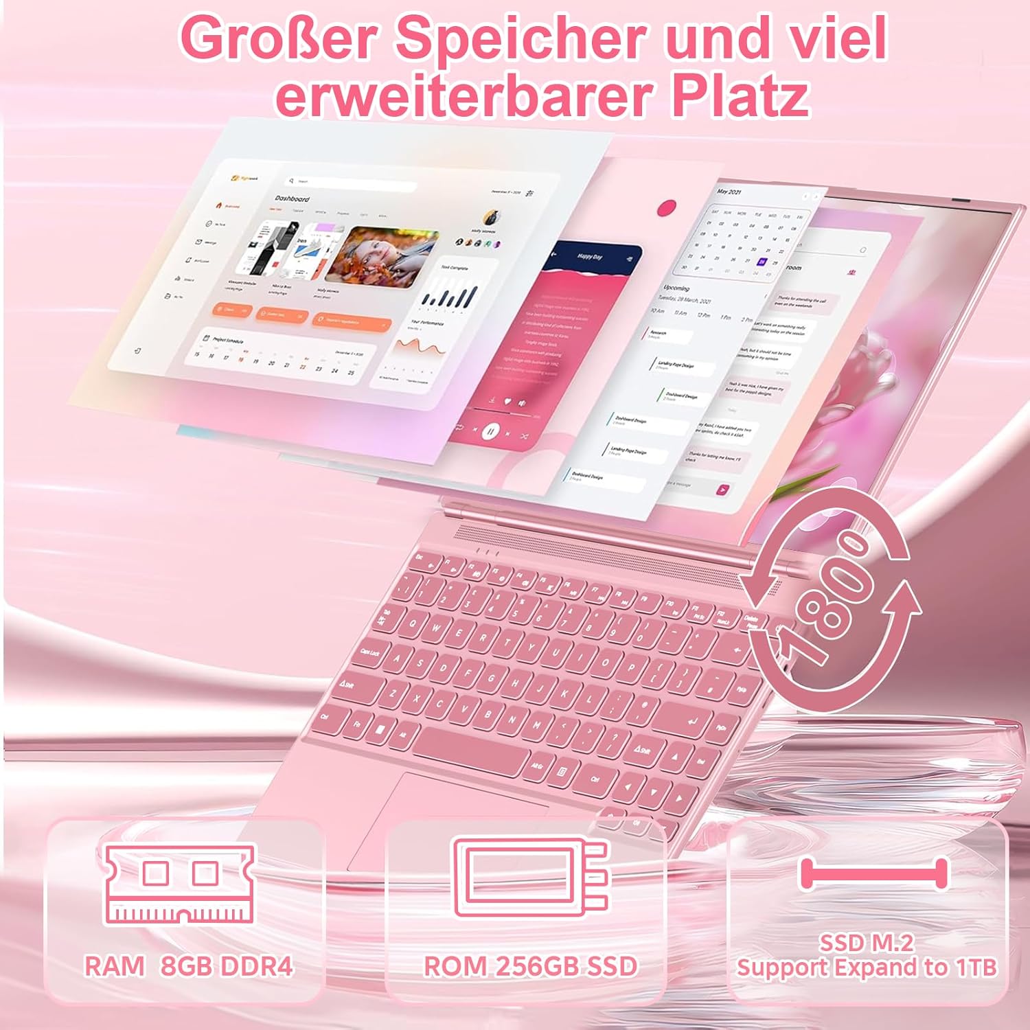 Laptop 14 Inch 8GB + 256GB SSD Expandable 1TB SSD, Notebook with Celeron N5095, Cooling Fan 1920x1200 2K FHD Extremely Slim Bezel Screen Multifunctional Pink – Bild 4