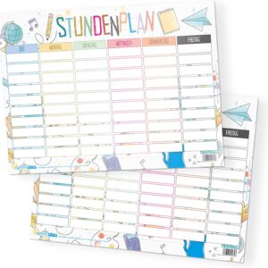 itenga Timetable DIN A4 Double-Sided One Side Wipeable 300 g Cardboard Doodles Motif Colourful Suitable for Back to School Boys and Girls