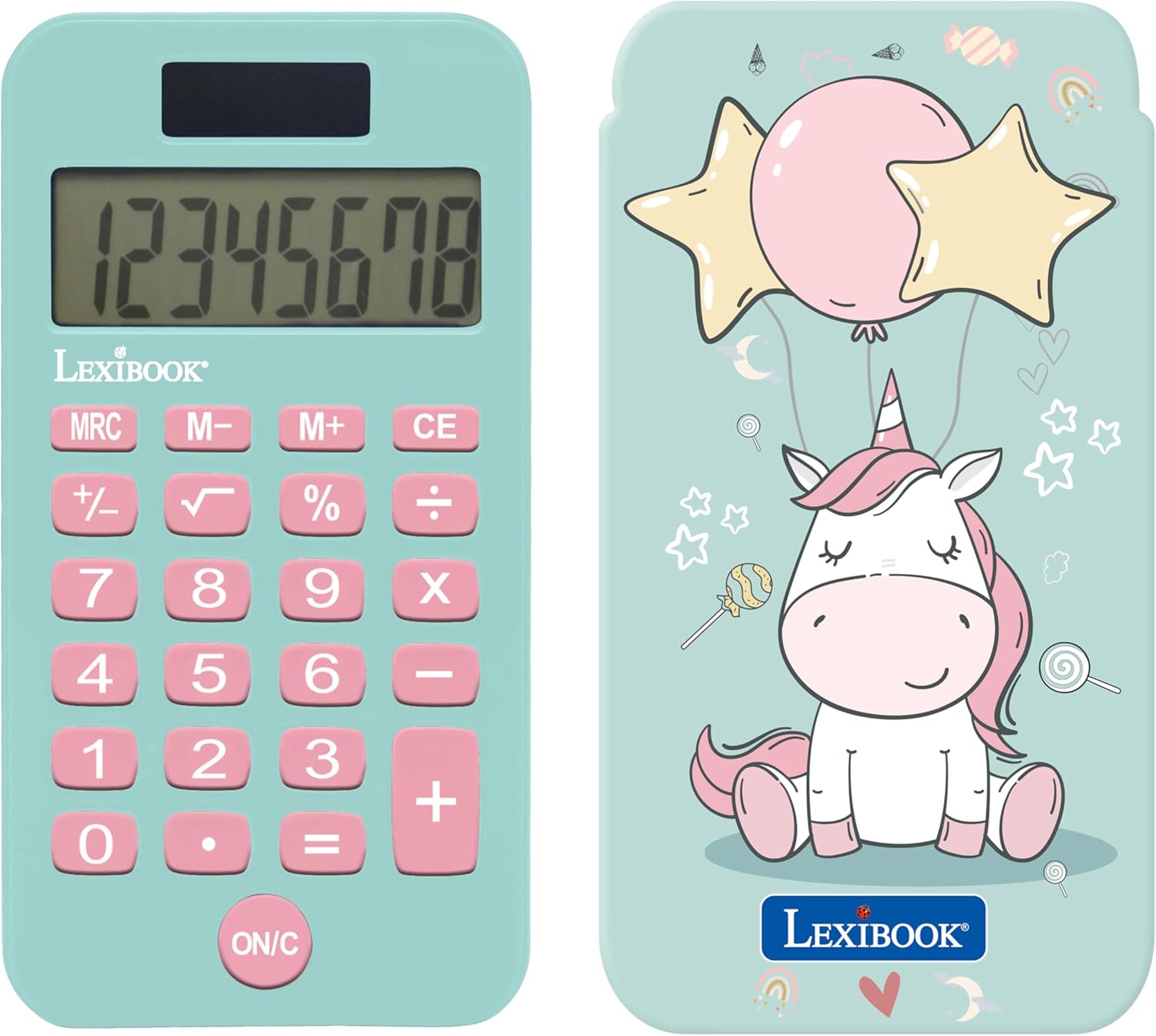 Lexibook, Unicorn Calculator with Protective Cover, Classic and Advanced Functions, Battery and Solar Power, Blue and Pink, C45UNI