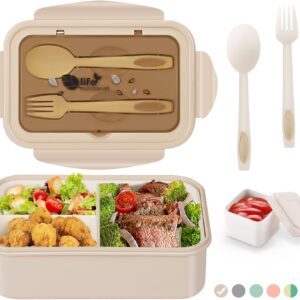LUZOON Bento Box Lunch Box Adult 1400 ml with 3 Compartments for Children Including Cutlery Lunch Box for Microwaves and Dishwashers School Work Picnic Travel (Khaki①, 1400 ml)