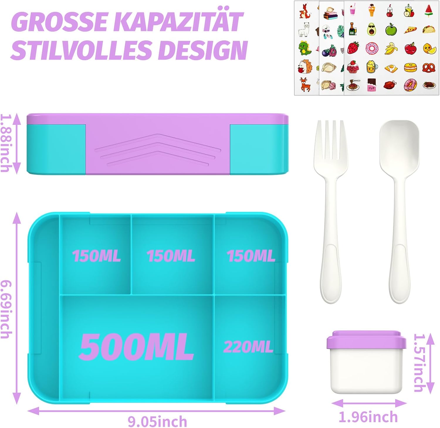 Children's Lunch Box with Compartments, 1300 ml, Lunch Box for Children, Leak-proof Lunch Box with 5 Compartments, Snack Box for Girls and Boys, Perfect for School, Nursery (Macaron Purple) – Bild 4