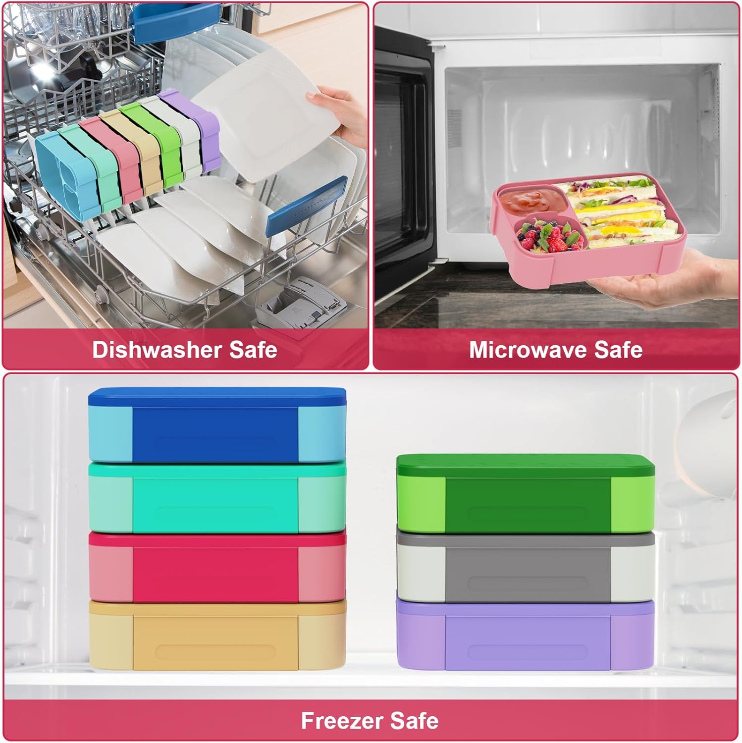 Children's Lunch Box with Compartments, 900 ml Leak-Proof Bento Box, Children's Lunch Box, Leak-proof Compartments, Lunch Box for Girls and Boys, Microwave/Dishwasher Safe, Pink – Bild 5