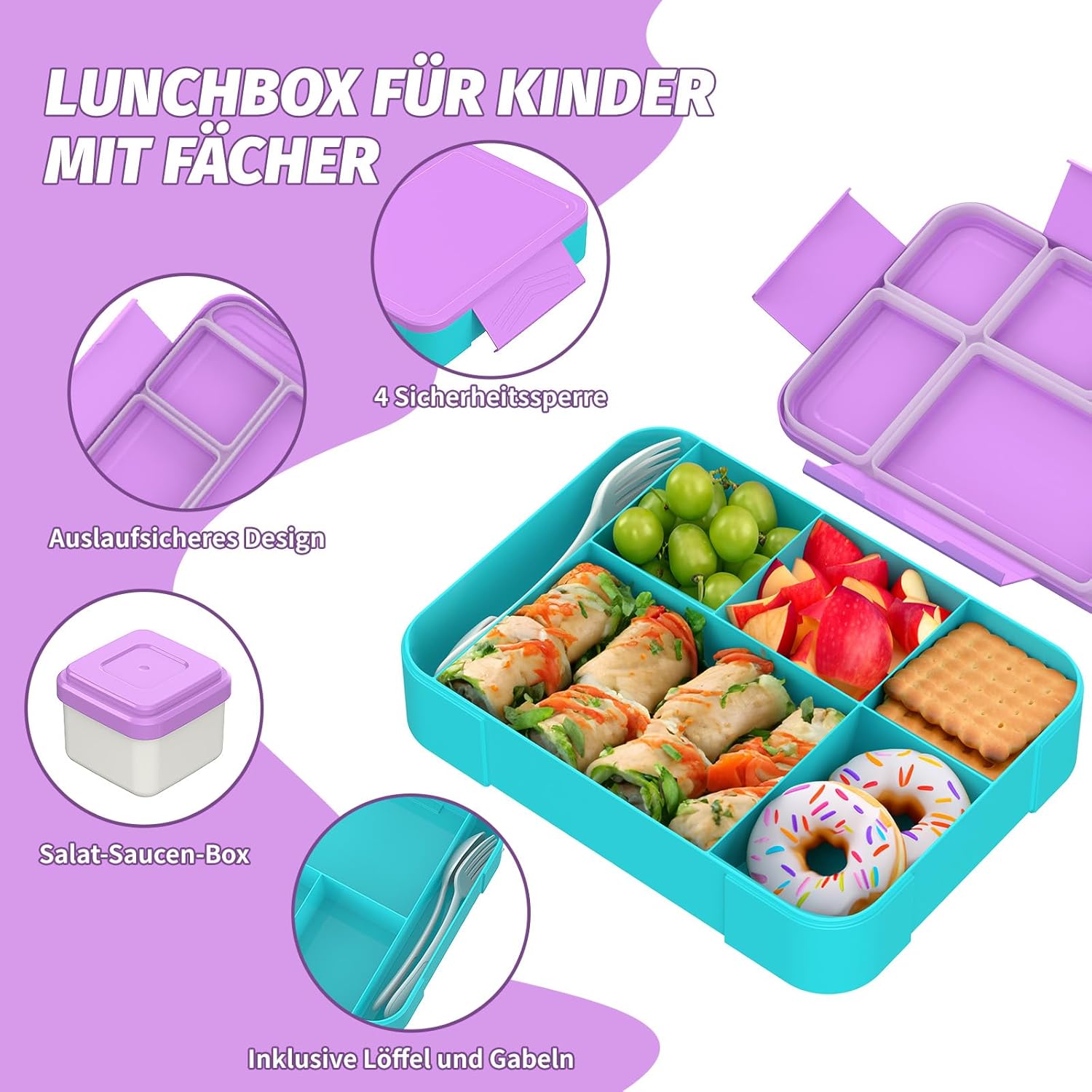 Children's Lunch Box with Compartments, 1300 ml, Lunch Box for Children, Leak-proof Lunch Box with 5 Compartments, Snack Box for Girls and Boys, Perfect for School, Nursery (Macaron Purple) – Bild 3
