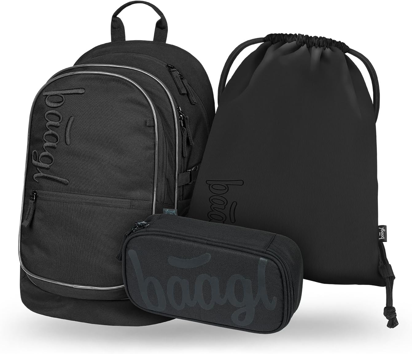 Baagl School Backpack Set, School Bag for Primary School, Primary School Satchel with Chest Strap, Ergonomic School Bag 3 Pieces, Black (uni black), School bag set