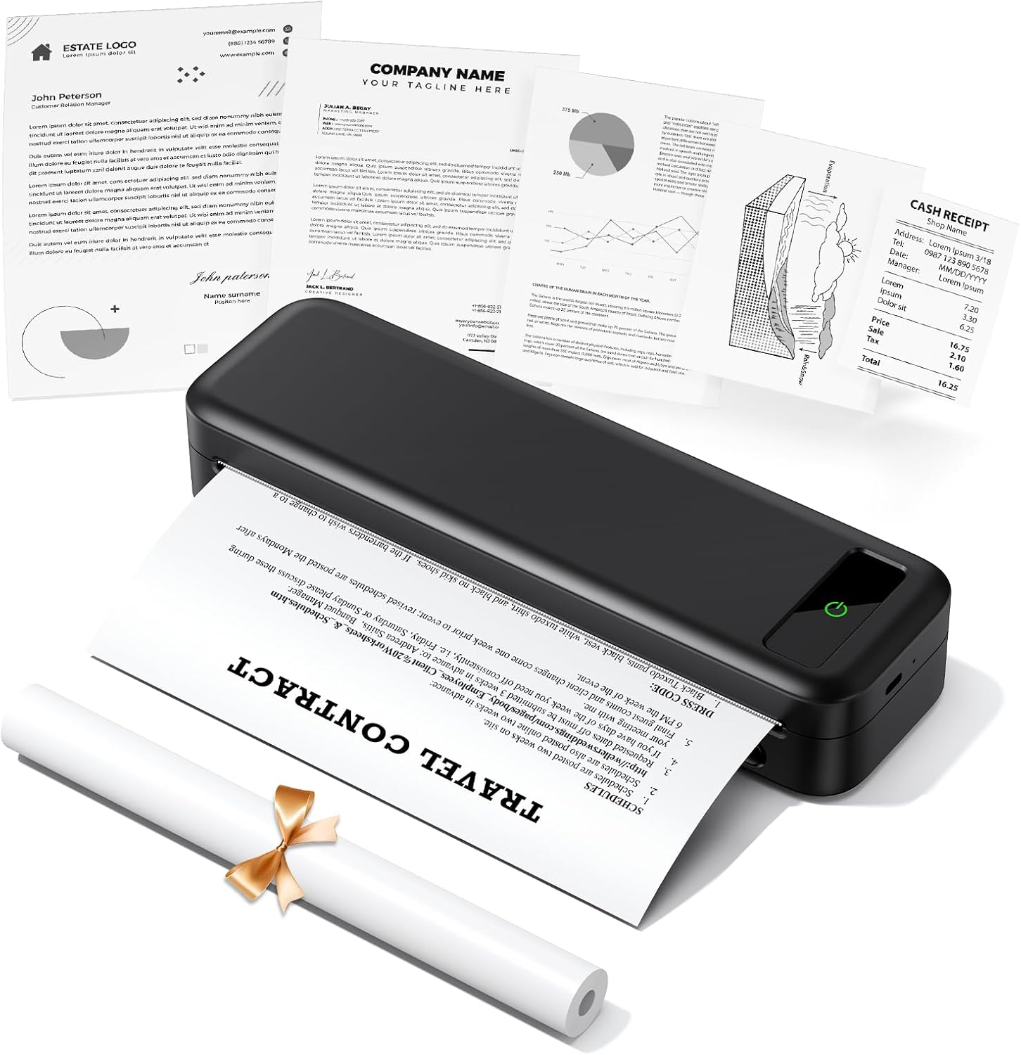 TATTMUSE Thermal Printer A4, 300DPI Bluetooth Mobile Printer, Bills, Receipt Printer, Learning, Portable Printer Compatible with Phone, Laptop, Monochrome Travel Printer, Thermal Paper Only, Black