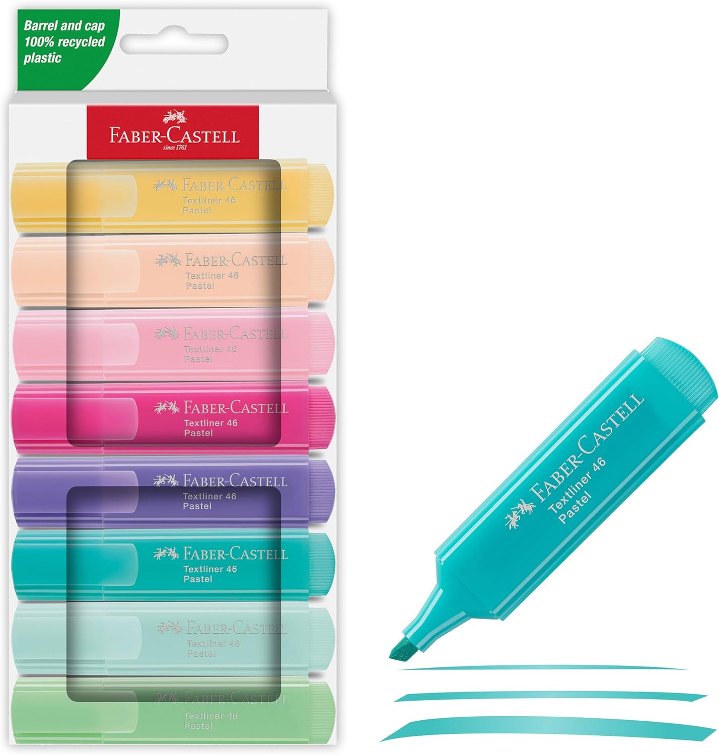 FABER-CASTELL 254658 Highlighter Set 46, 8 Pastel Highlighters with Durable Chisel Tip, Line Width 1-5 mm, Refillable