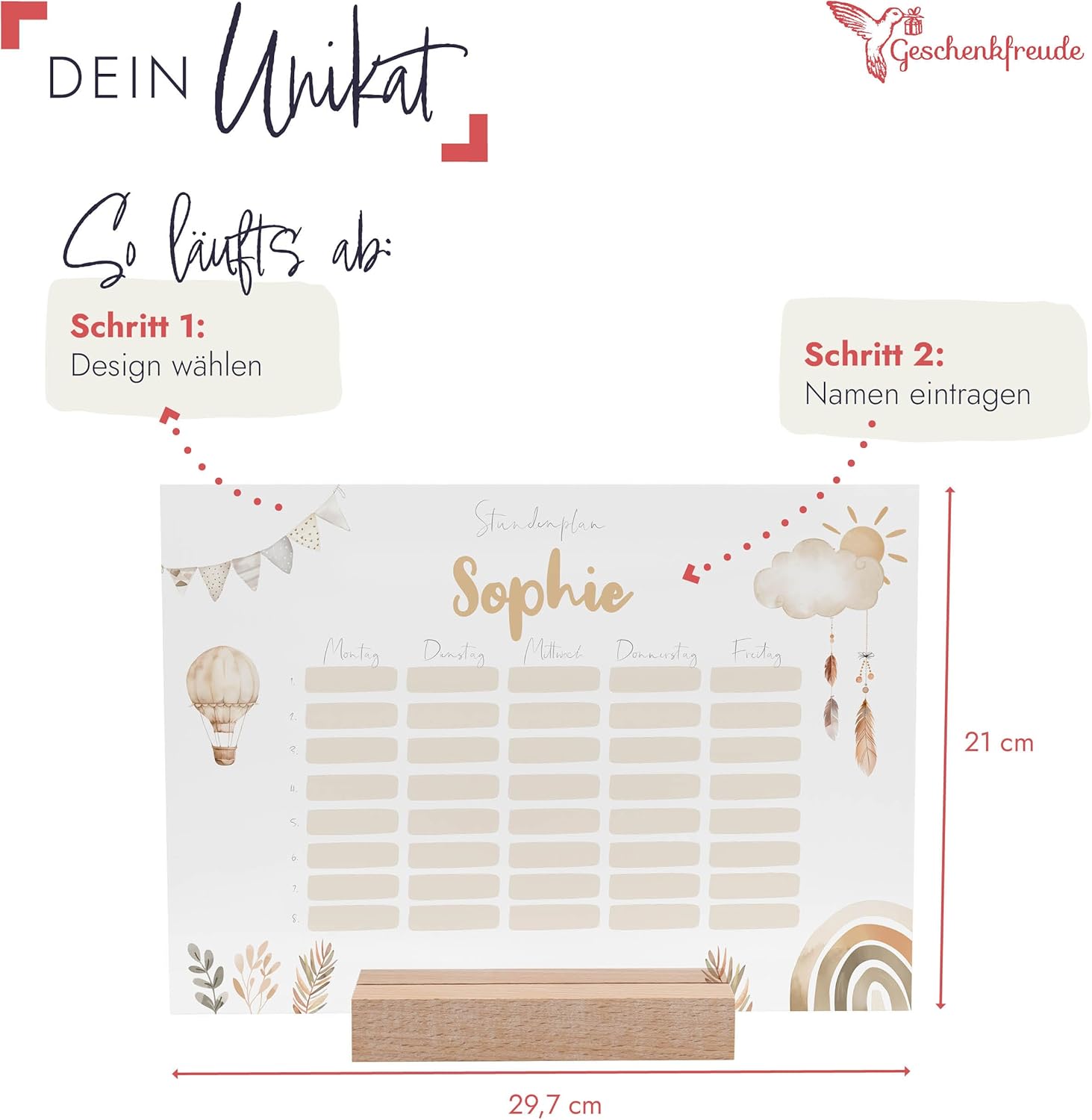Timetable Wipeable Personalised with Name + Wooden Holder and Pen - DIN A4 - Gifts for School Enrolment - First Day of School Gift for Girls/Boys - Small Gift for First Day of School – Bild 4