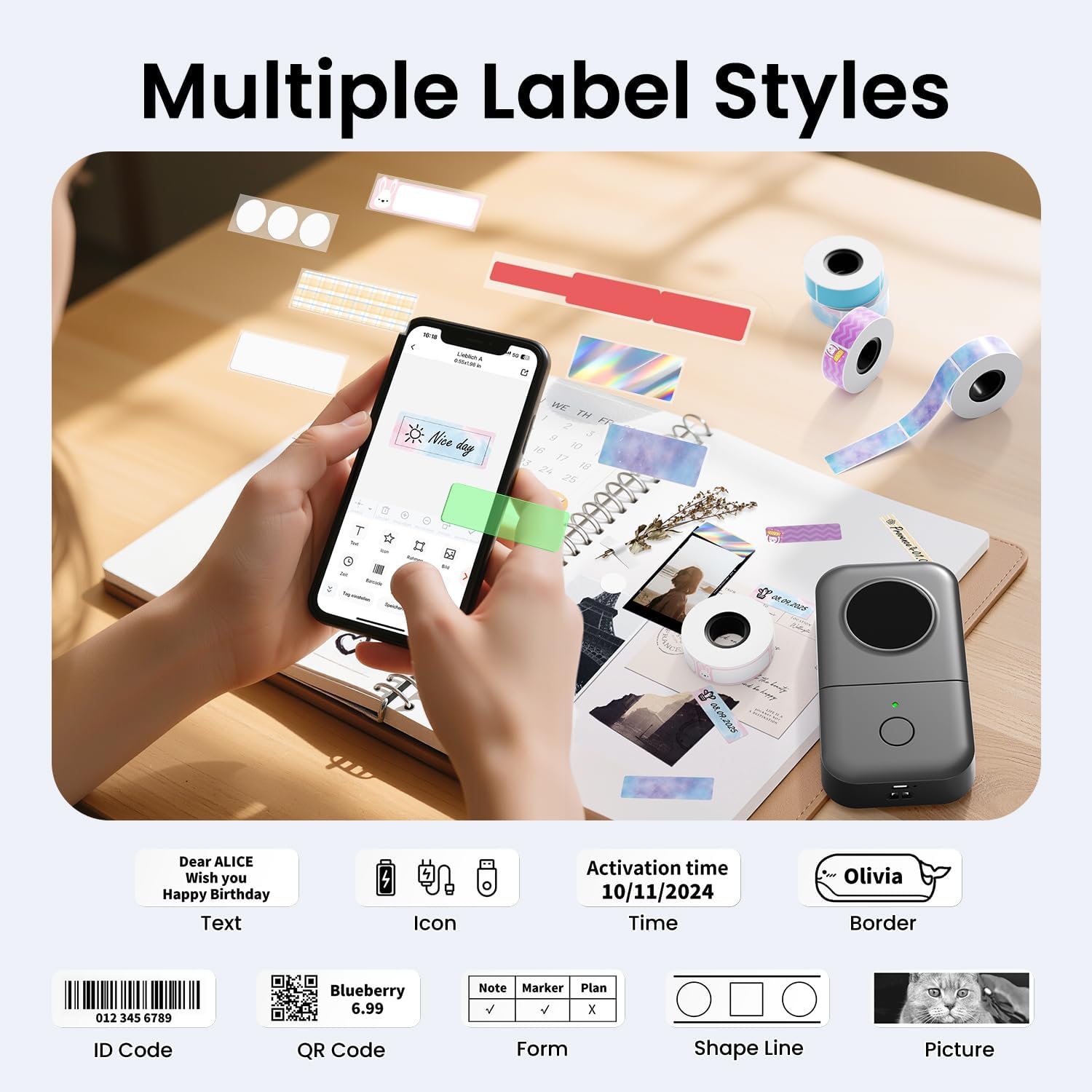 Phomemo D30 Bluetooth Labelling Device, Portable Label Printer, Self-Adhesive Label Maker for School, Family, Office, Kitchen, Thermal Wireless Labeling Device for iOS/Android, Grey – Bild 6