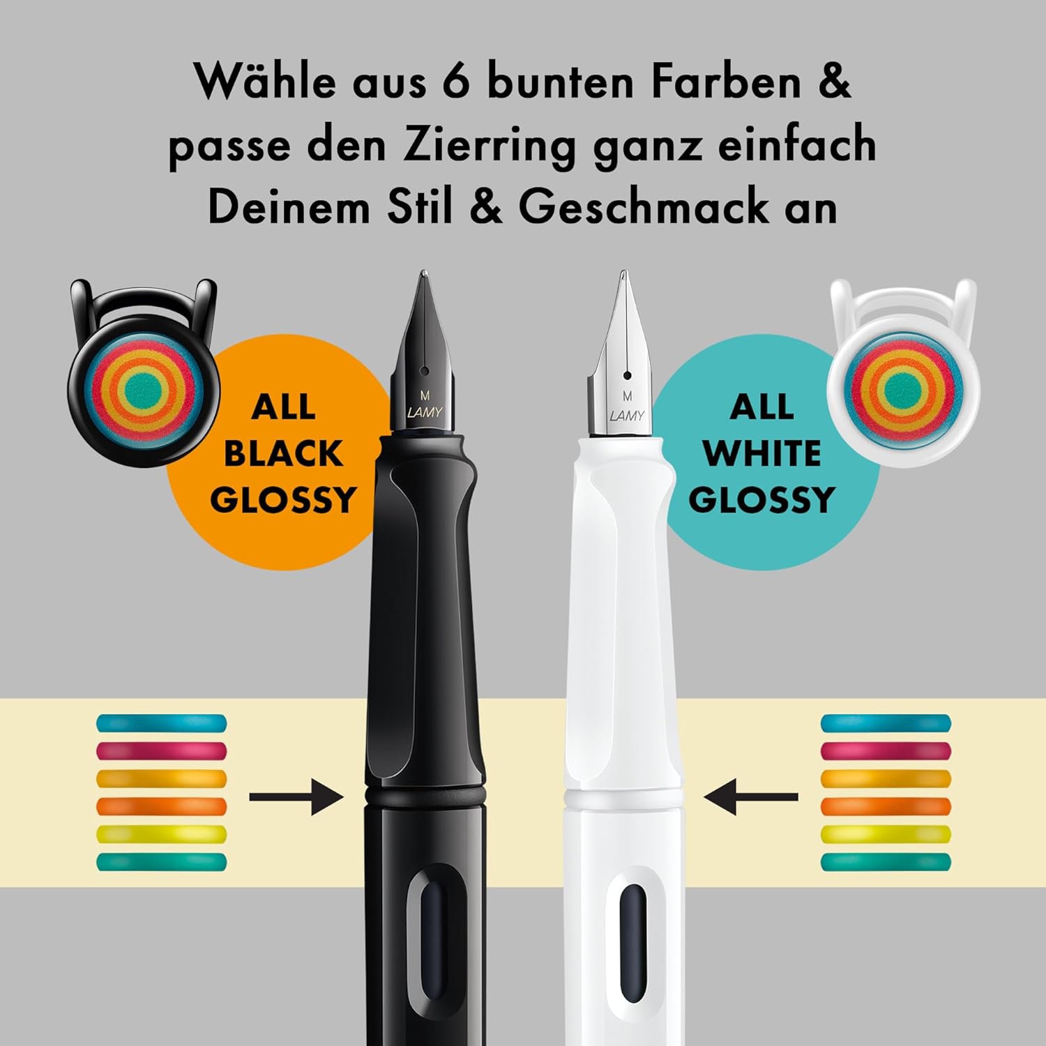 Lamy Safari Multicolour Fountain Pen Set - Special Edition with 2 Fountain Pens in All Black & All White - Steel Nib in Line Width M - with 2 Blue Ink Cartridges, 12 Interchangeable Colour Rings – Bild 2