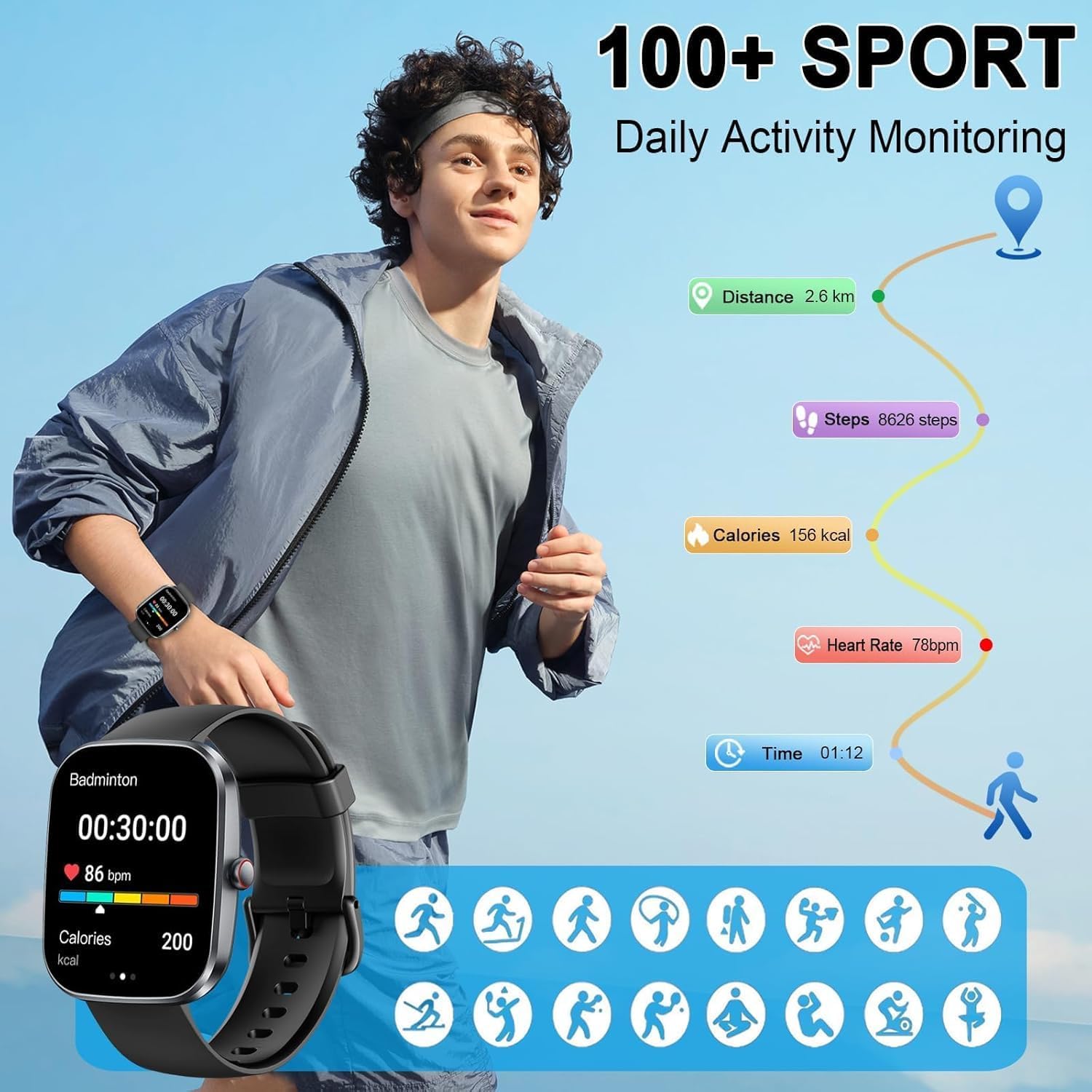 Smartwatch Women Men 1.91 Inch HD Smart Watch with Bluetooth Calls, Fitness Tracker Pedometer with 110+ Sports Modes, Sleep Monitor SpO2 Heart Rate, IP68 Waterproof Fitness Watch for Android iOS – Bild 4