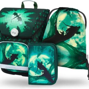 Baagl School Bag Boys Set of 3 Ergo School Bag for 1st Grade, Ergonomic Primary School Satchel with Chest Strap, dragon, School bag set