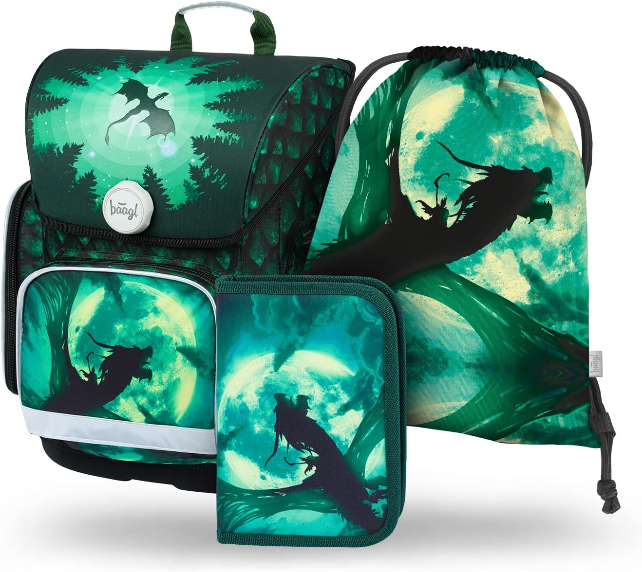 Baagl School Bag Boys Set of 3 Ergo School Bag for 1st Grade, Ergonomic Primary School Satchel with Chest Strap, dragon, School bag set