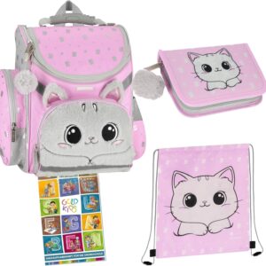 Goldkids – Schulranzen für Jungen und Mädchen, 4/6/8/15er-Set – Schul-Rucksack für Kinder mit Federmäppchen – Schuhbeutel und Hausaufgabenheft – Katze Motiv – 1-3 Klasse