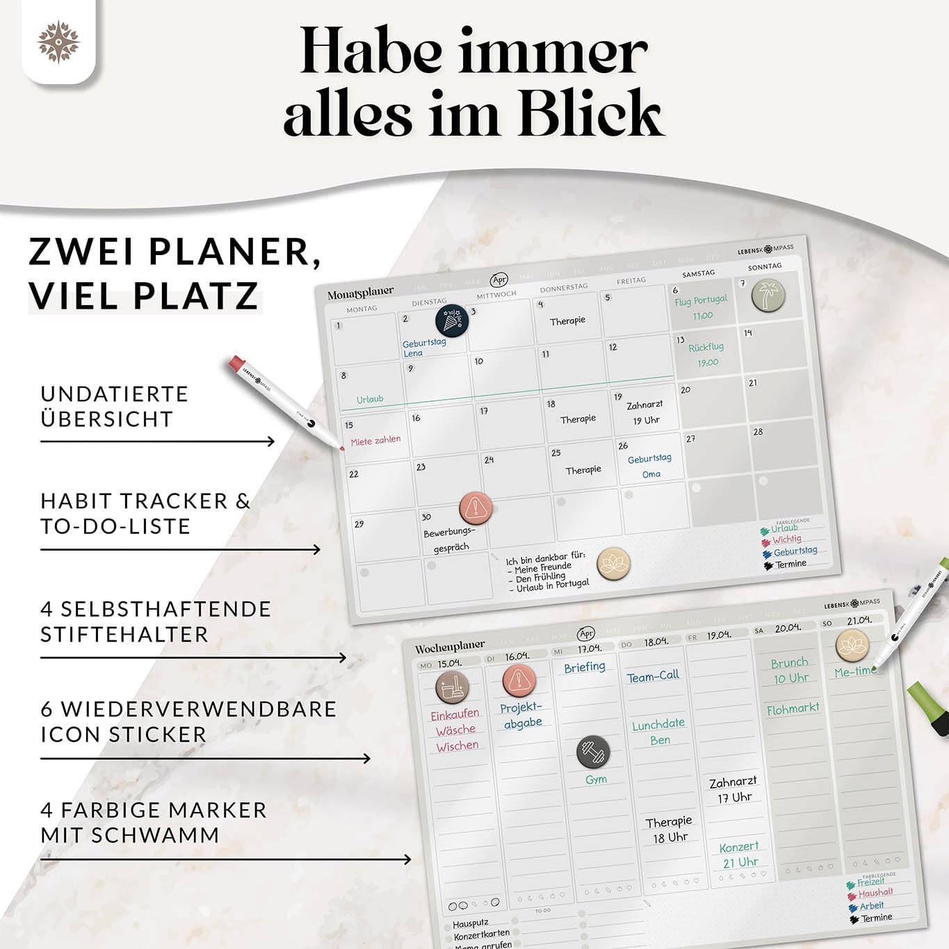 Lebenskompass Flexiplan® Self-Adhesive Weekly Planner Wipeable Whiteboard Planning Board Sticks to All Smooth Surfaces Undated Wall Calendar Planner Including Stickers & Pens – Bild 4