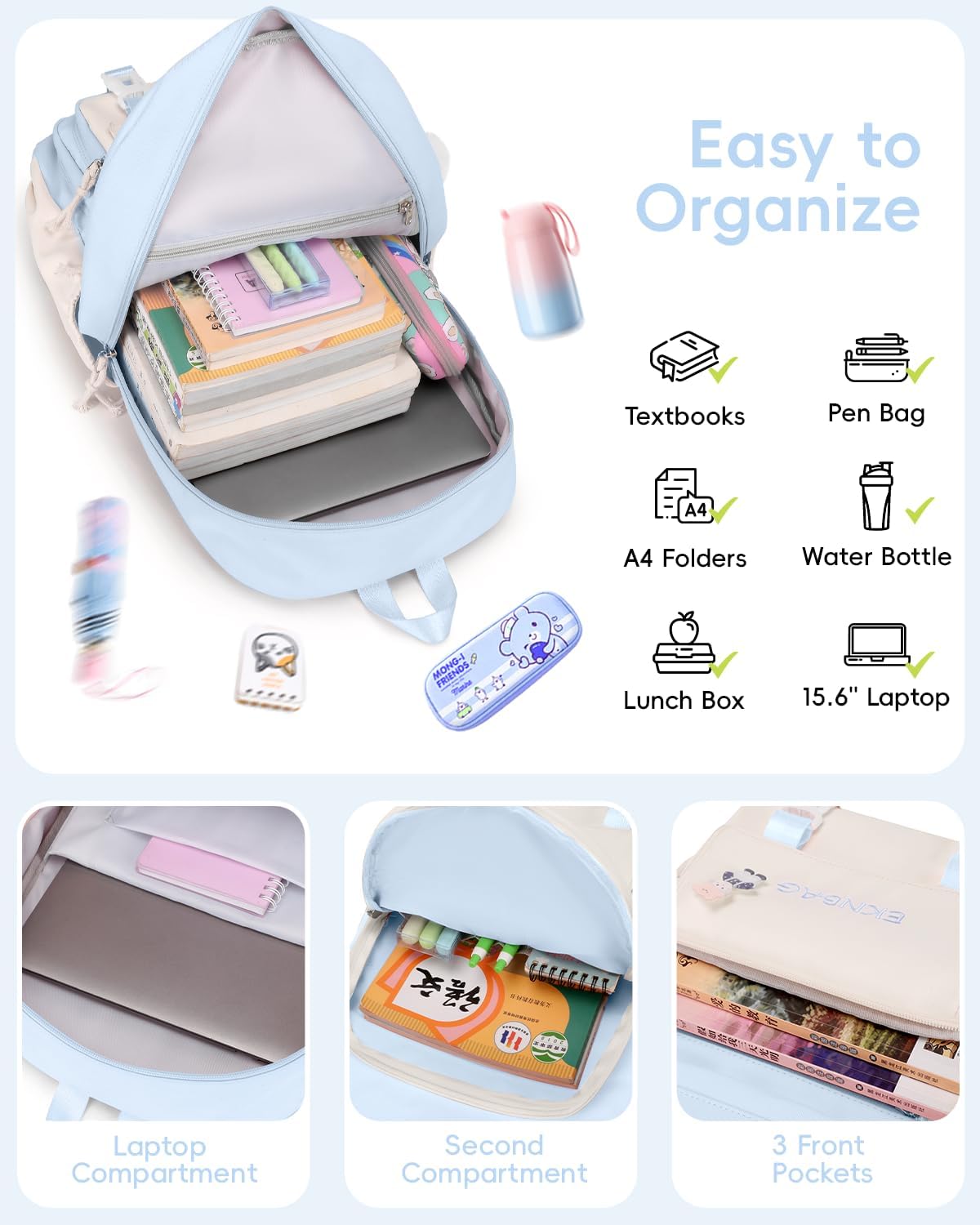 Tanou Backpack Girls School Backpack Teenagers School Bag Set with Students Shoulder Bag and Pencil Case, School Bag Children Casual Daypack School Bag for Girls, blue, Casual – Bild 6