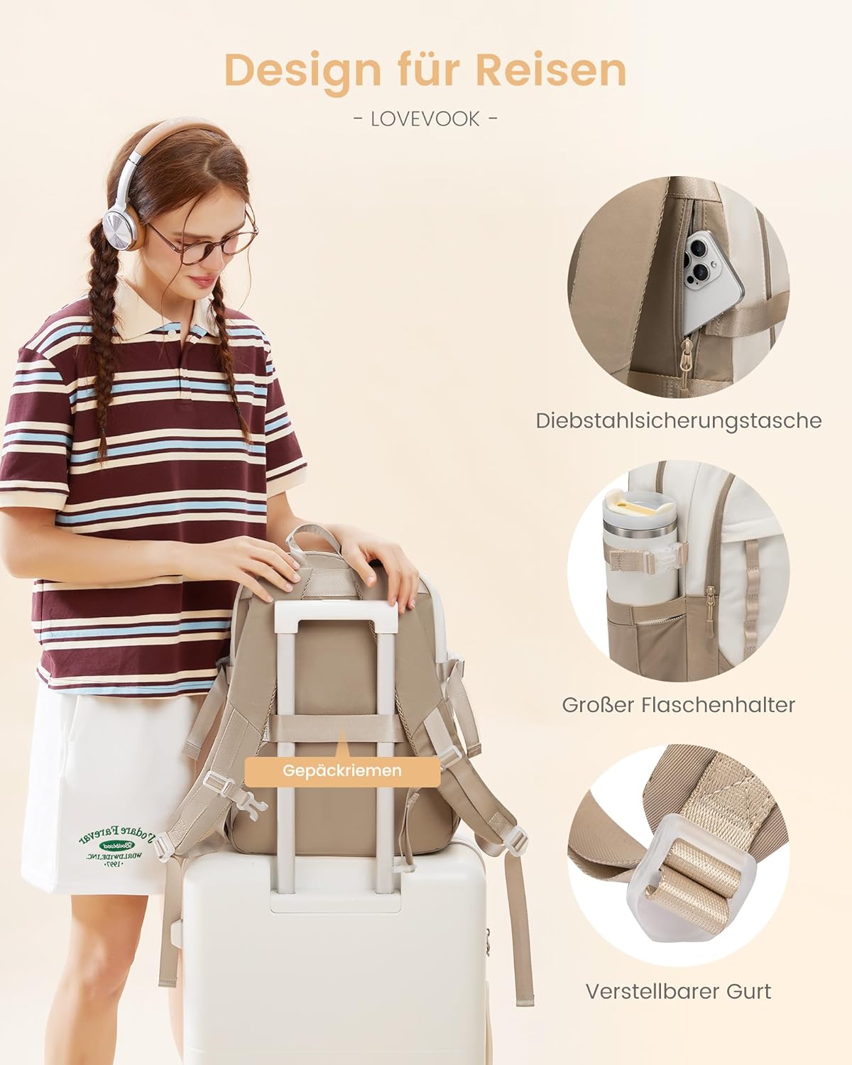 LOVEVOOK Women's Backpack, Laptop School Backpack, Waterproof, Daypacks, Work Bag, School Bag, Travel Backpack, Work Bag, Daypack, Elegant for University, Travel, Office, Y-beige light purple, 15.6 – Bild 6