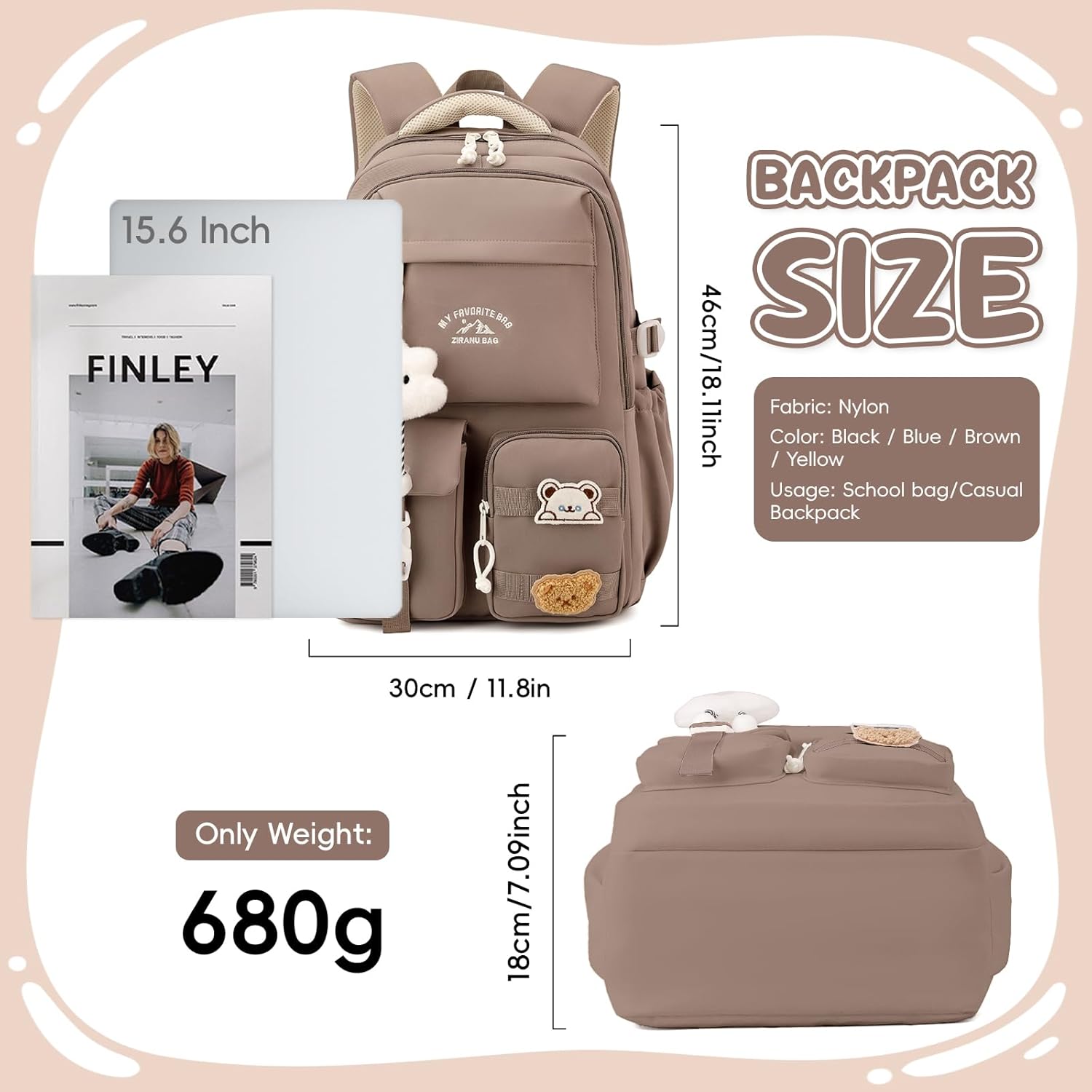 School Backpack Girls Teenagers School Bag Girls Large with Many Compartments Casual Backpack School with Cute Tags and Badges for Girls 3rd to 7th Grade – Bild 3