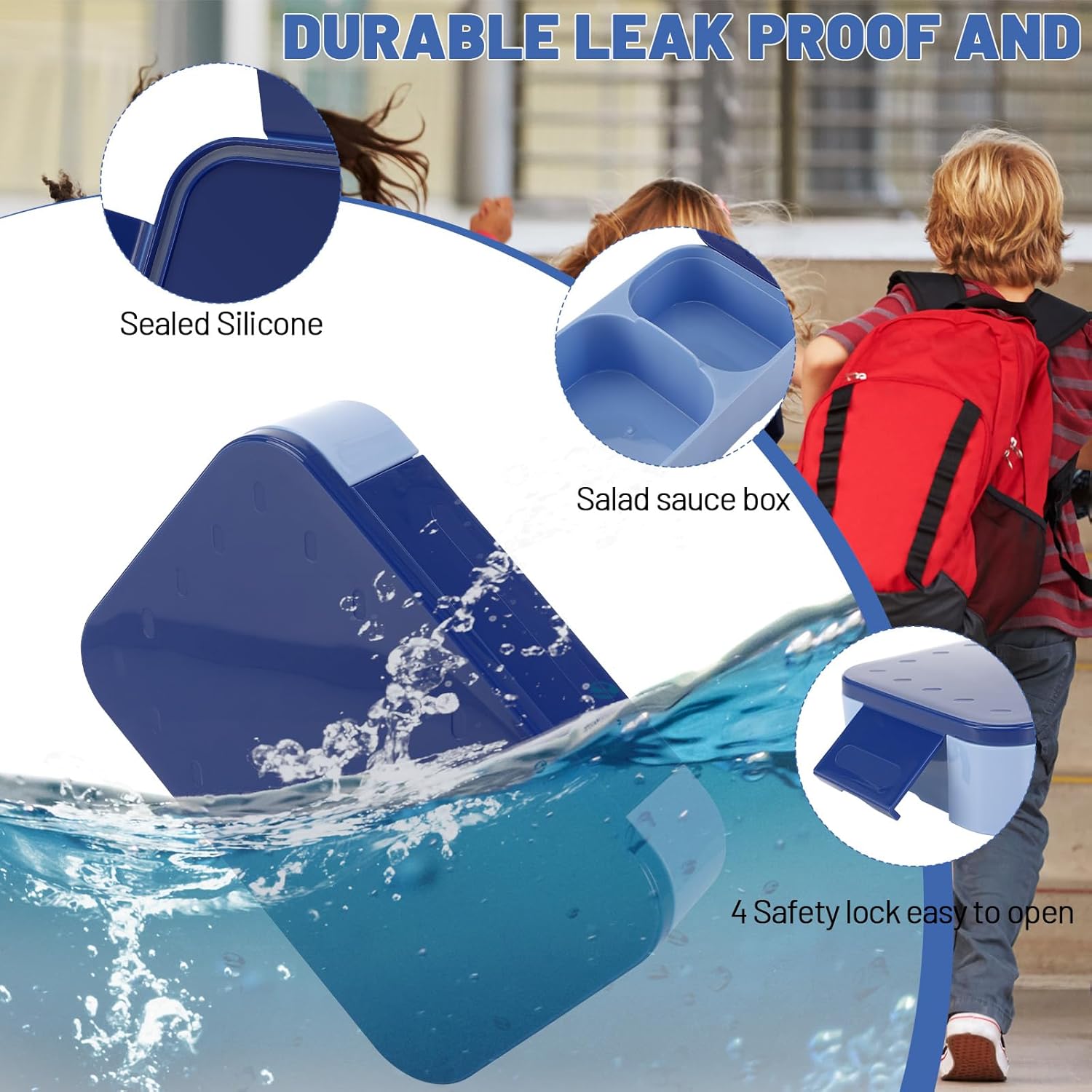 Children's Lunch Box with Compartments, 900 ml Leak-proof Lunch Box, Travel Lunch Box, Lunch Box, Lunch Box, Suitable for School, Picnic, Microwave/Dishwasher Safe (Blue) – Bild 3