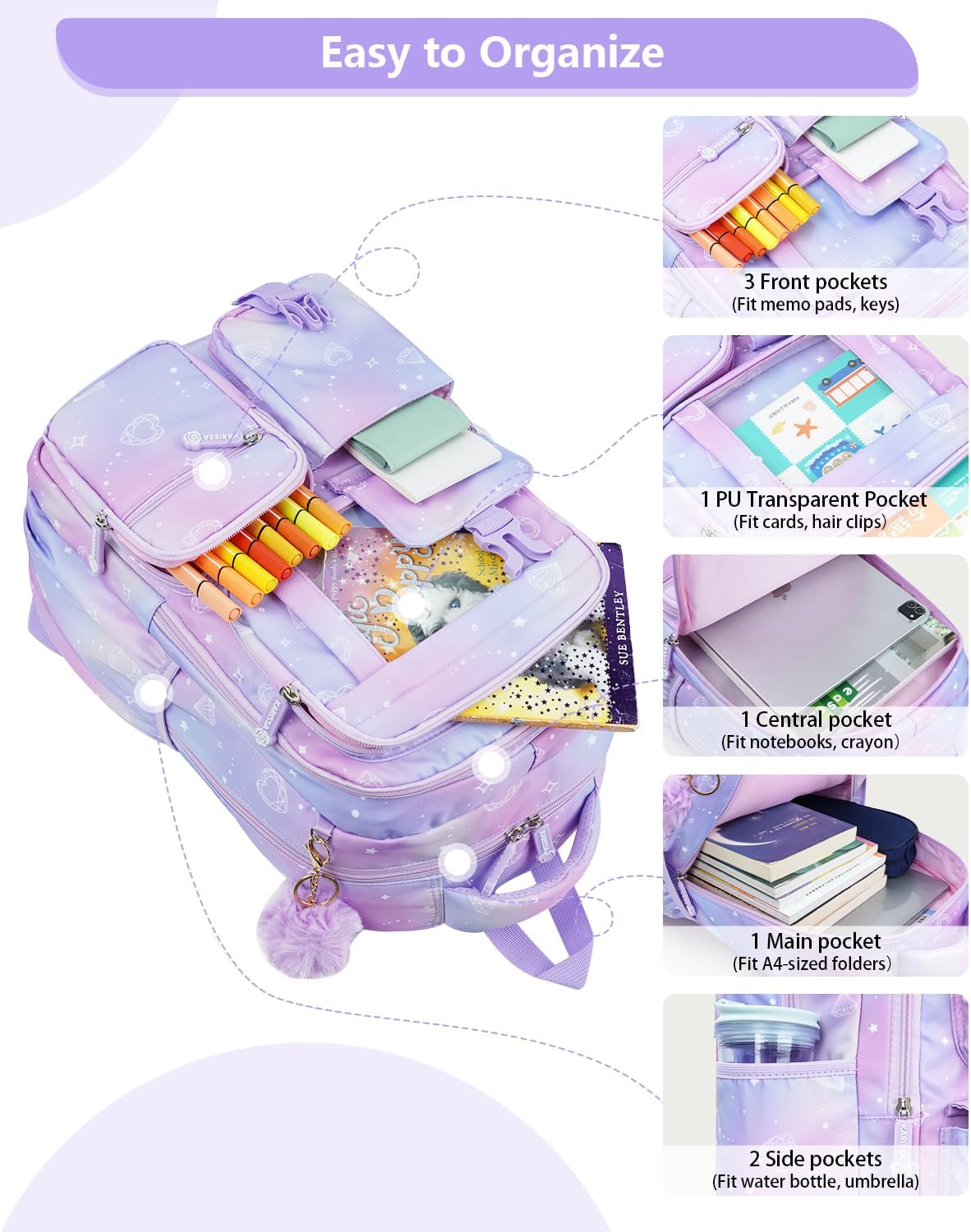 Tanou School Bag Girls Backpack School Girls School Backpack for Girls 1st to 4th Grade Breathable Water Resistant Nylon Kids School Bag, purple, Rucksack – Bild 3