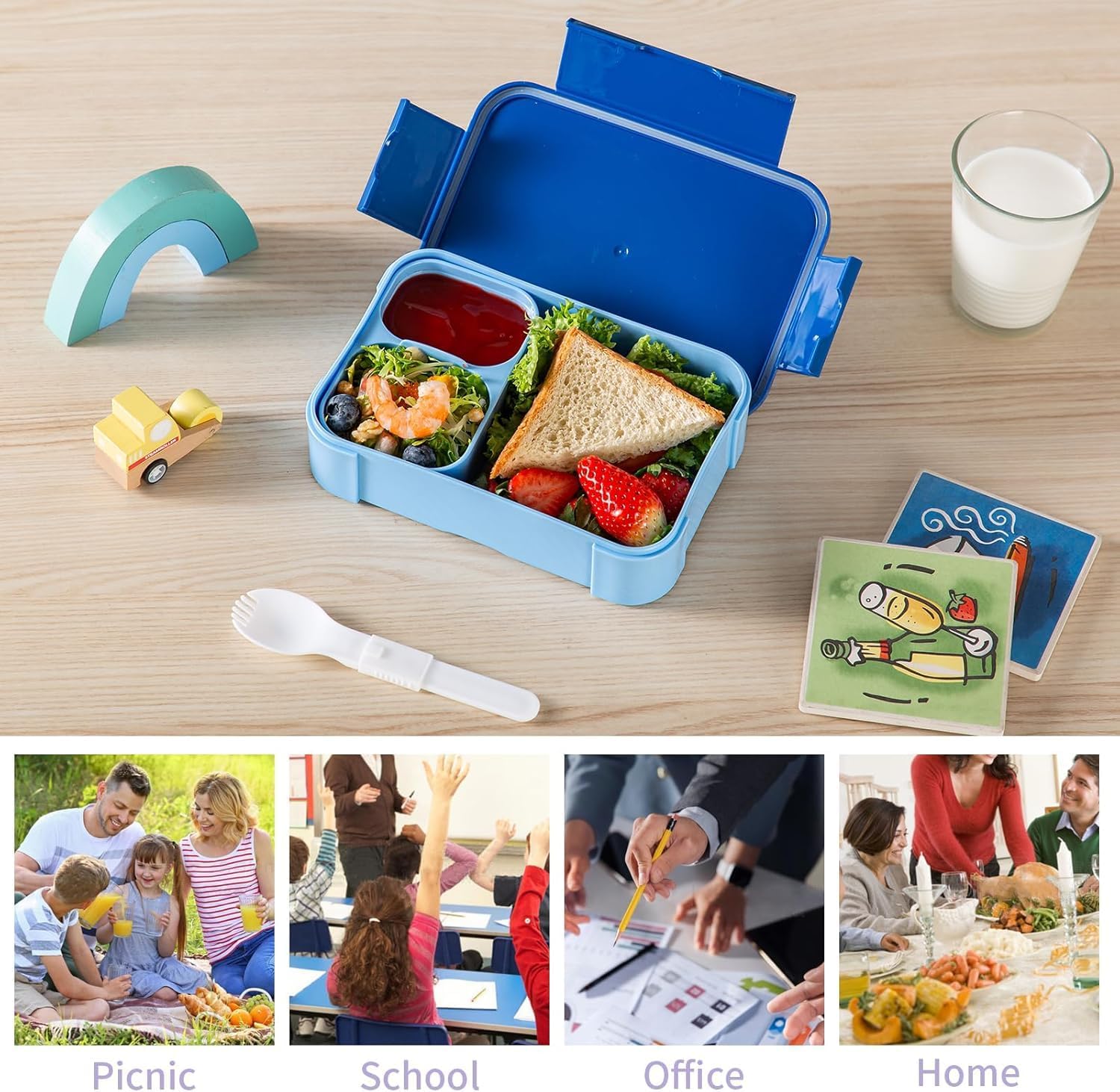 Children's Lunch Box with Compartments, 900 ml Leak-proof Lunch Box, Travel Lunch Box, Lunch Box, Lunch Box, Suitable for School, Picnic, Microwave/Dishwasher Safe (Blue) – Bild 6