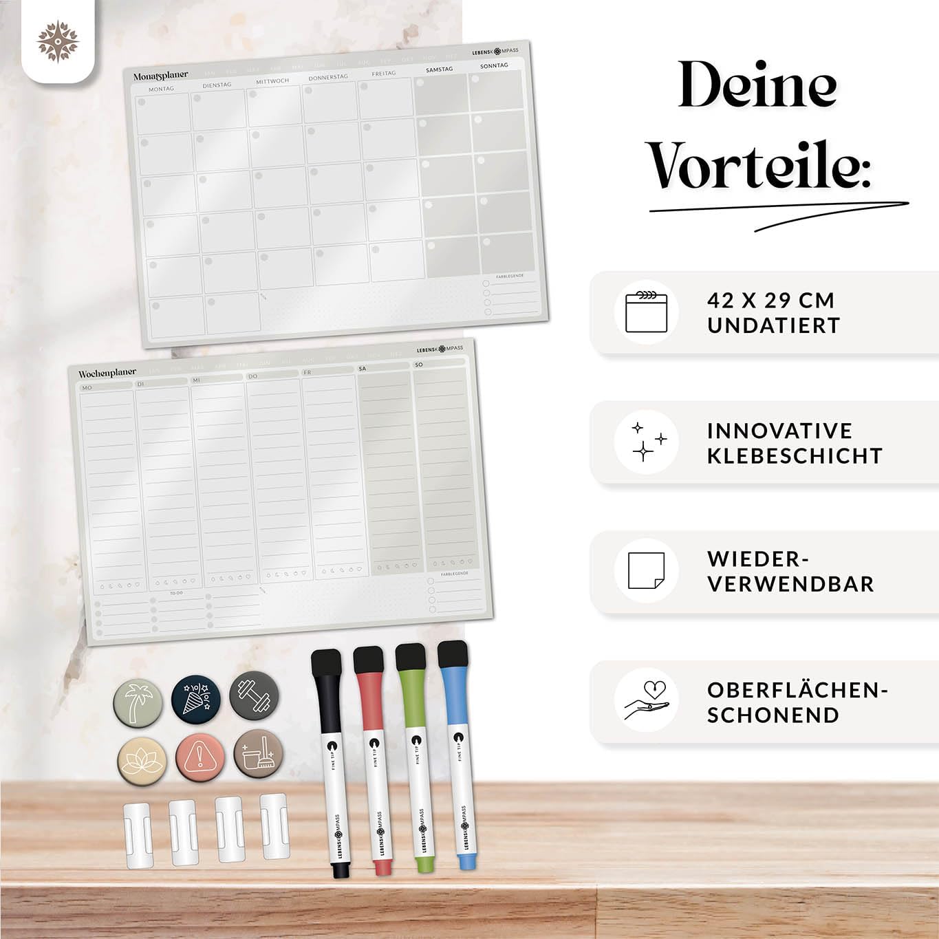 Lebenskompass Flexiplan® Self-Adhesive Weekly Planner Wipeable Whiteboard Planning Board Sticks to All Smooth Surfaces Undated Wall Calendar Planner Including Stickers & Pens – Bild 3