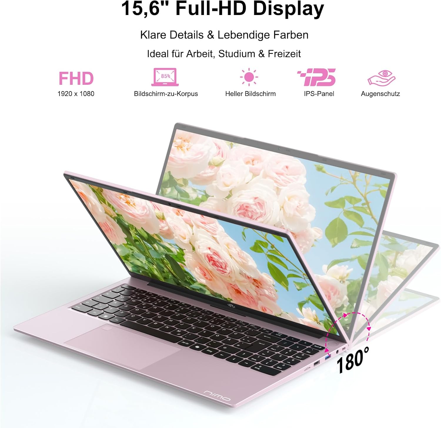 NIMO Rose Gold Laptop 15.6 Inch Full HD: 16GB RAM, 1TB SSD, Intel N100, WiFi Connectivity, USB-C 65W, Fingerprint, Illuminated Keyboard, Lightweight Computer for Work & Study – Bild 4