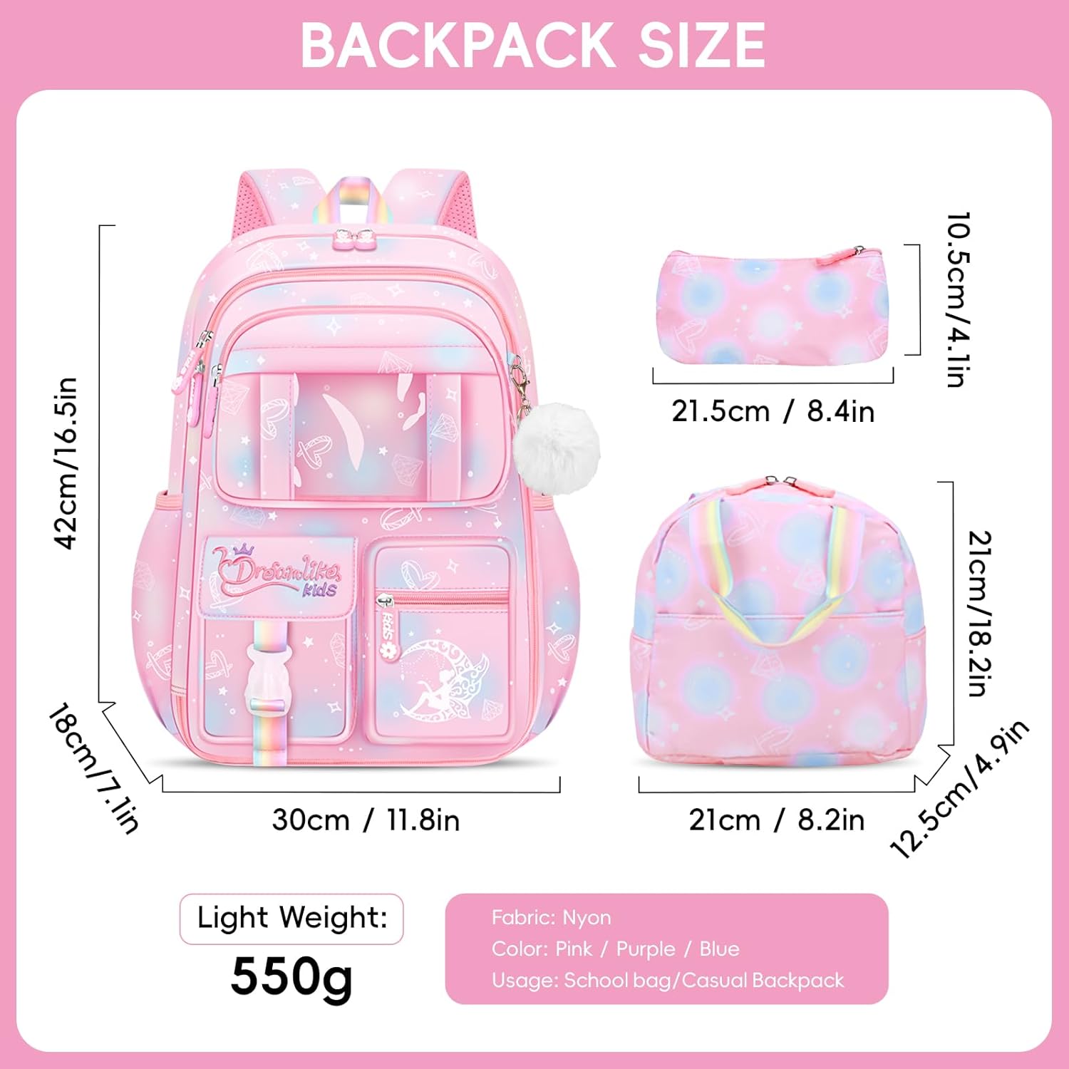 School Backpack Girls Set 3 in 1 with Lunch Bag Pencil Case, 2025 Backpack School Children's School Bag with Chest Strap Reflective, School Bag Kawaii Water-Repellent 26L, 6777, pink – Bild 5