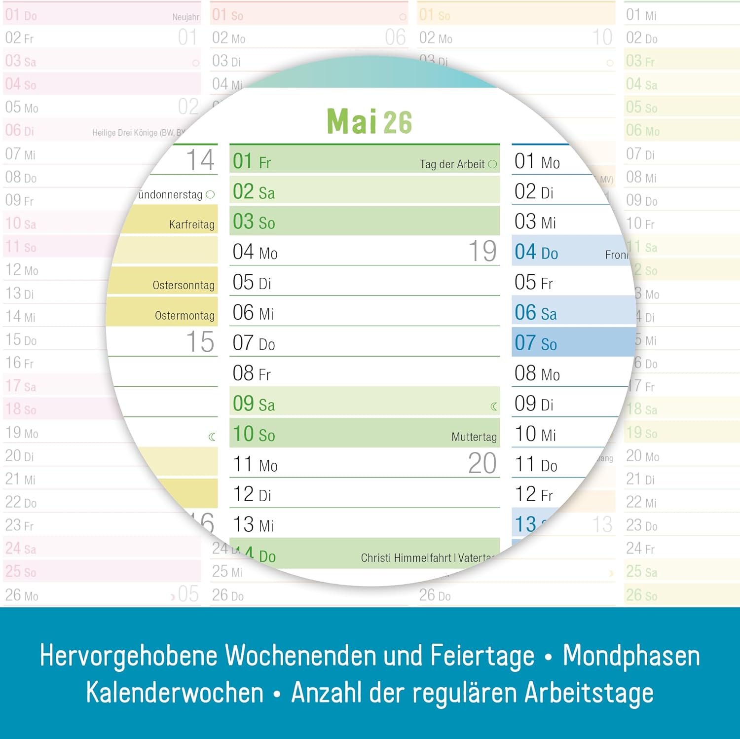 Häfft® Premium Blackboard Calendar 2026 A4 Landscape with Holidays and Holidays, 850 g/m² Cardboard - Year Planner, Wall Calendar, Annual Calendar "Rainbow" - Sustainable and Climate Friendly – Bild 3