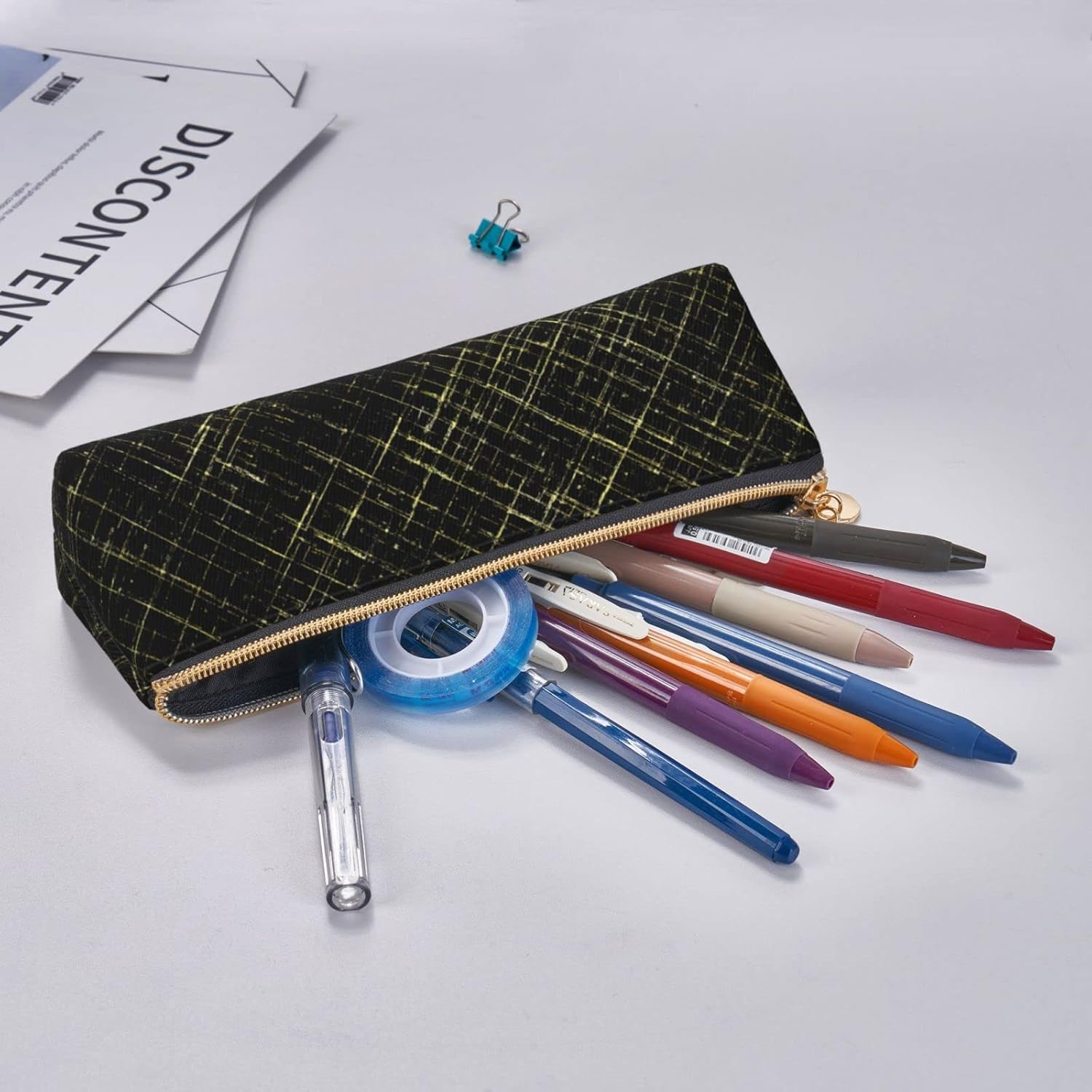 Black Gold Plaid Pencil Case Cosmetic Bag Pencil Case Triangle Leather Storage Bag Zipper Stationery Organizer for Adults Office, Black Gold Plaid, Bag organiser – Bild 7