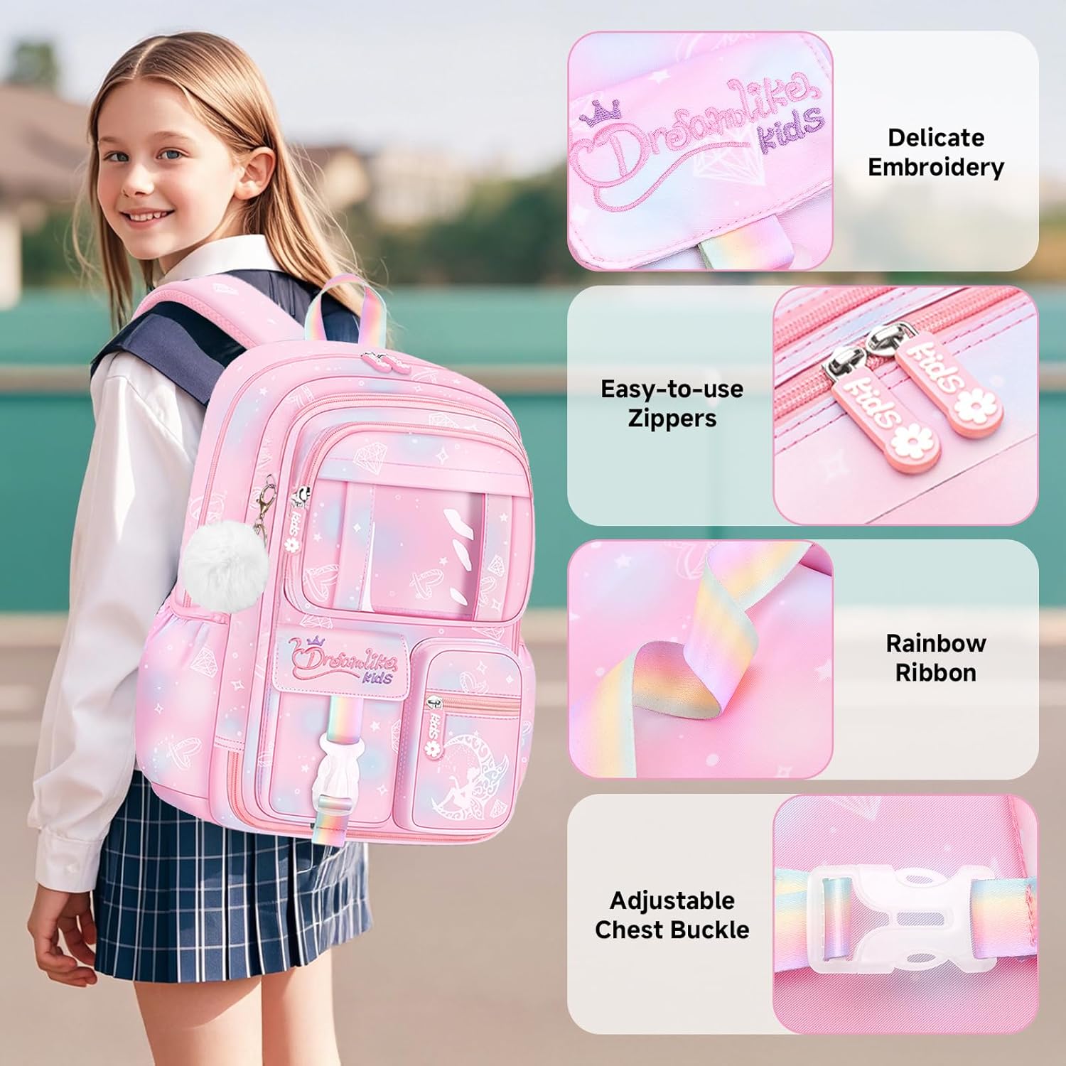 School Backpack Girls Set 3 in 1 with Lunch Bag Pencil Case, 2025 Backpack School Children's School Bag with Chest Strap Reflective, School Bag Kawaii Water-Repellent 26L, 6777, pink – Bild 2