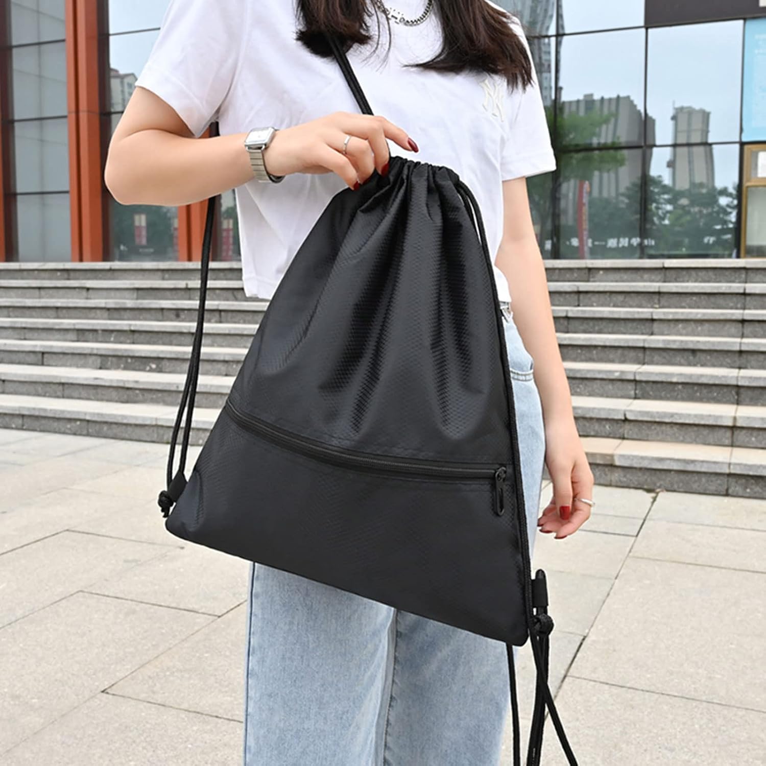 Drawstring Bag for Women Men Gym Bag Drawstring Waterproof Drawstring Bag with Zipper Outer for Sports Holiday Travel – Bild 8