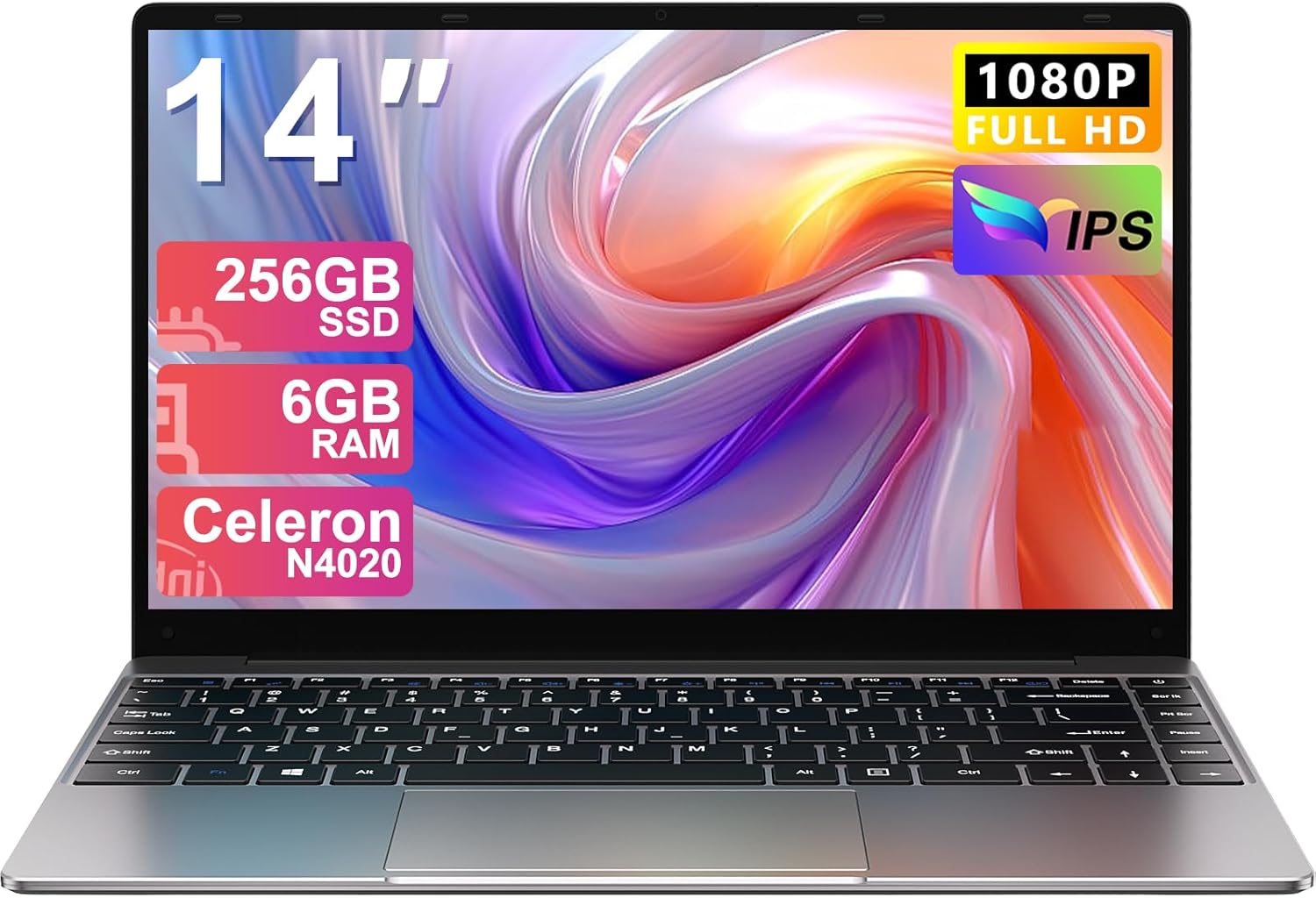2025 Laptop 14 Inch Win 11 Pro 6GB RAM 256GB SSD Support 1TB (TF 1TB) Notebook Celeron N4020 (up to 2.8GHz) 5000mAh 1920x1080p WiFi German Keyboard Protector and Wireless Mouse Grey
