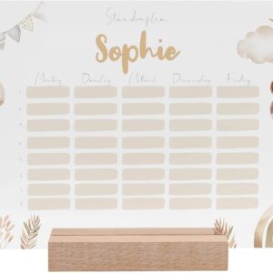 Timetable Wipeable Personalised with Name + Wooden Holder and Pen - DIN A4 - Gifts for School Enrolment - First Day of School Gift for Girls/Boys - Small Gift for First Day of School
