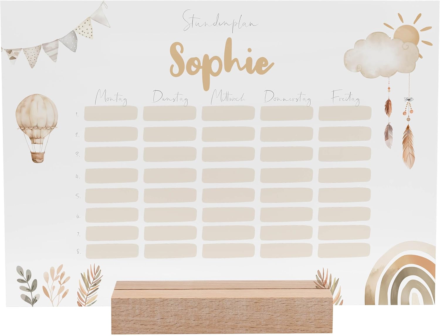 Timetable Wipeable Personalised with Name + Wooden Holder and Pen - DIN A4 - Gifts for School Enrolment - First Day of School Gift for Girls/Boys - Small Gift for First Day of School