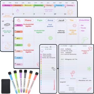 POPRUN Magnetic Whiteboard Family Planner Weekly Planner + Monthly Planner + Daily Planner + To Do List Wipe Clean, Magnetic Board for Fridge, Monthly Calendar, Memo Board, Diary in German (Pack of 4)