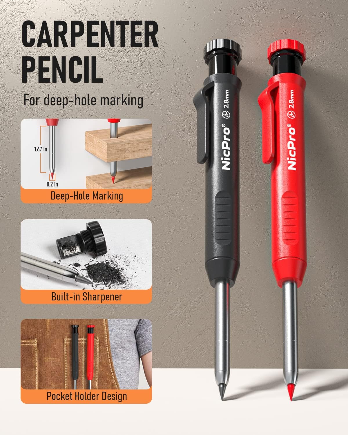 Nicpro 15-Piece Carpenter's Pencils Set with Sharpener, Mechanical Carpenter's Pencils with 40 Leads, Automatic Centre Punch and Carbide Scribing Tool, Robust Construction Pencil with Case – Bild 2