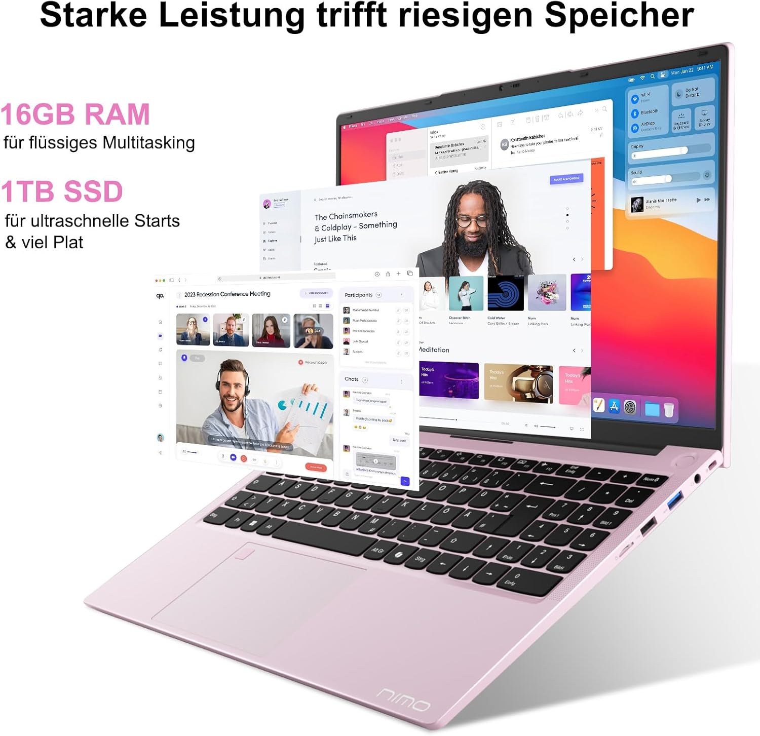 NIMO Rose Gold Laptop 15.6 Inch Full HD: 16GB RAM, 1TB SSD, Intel N100, WiFi Connectivity, USB-C 65W, Fingerprint, Illuminated Keyboard, Lightweight Computer for Work & Study – Bild 3