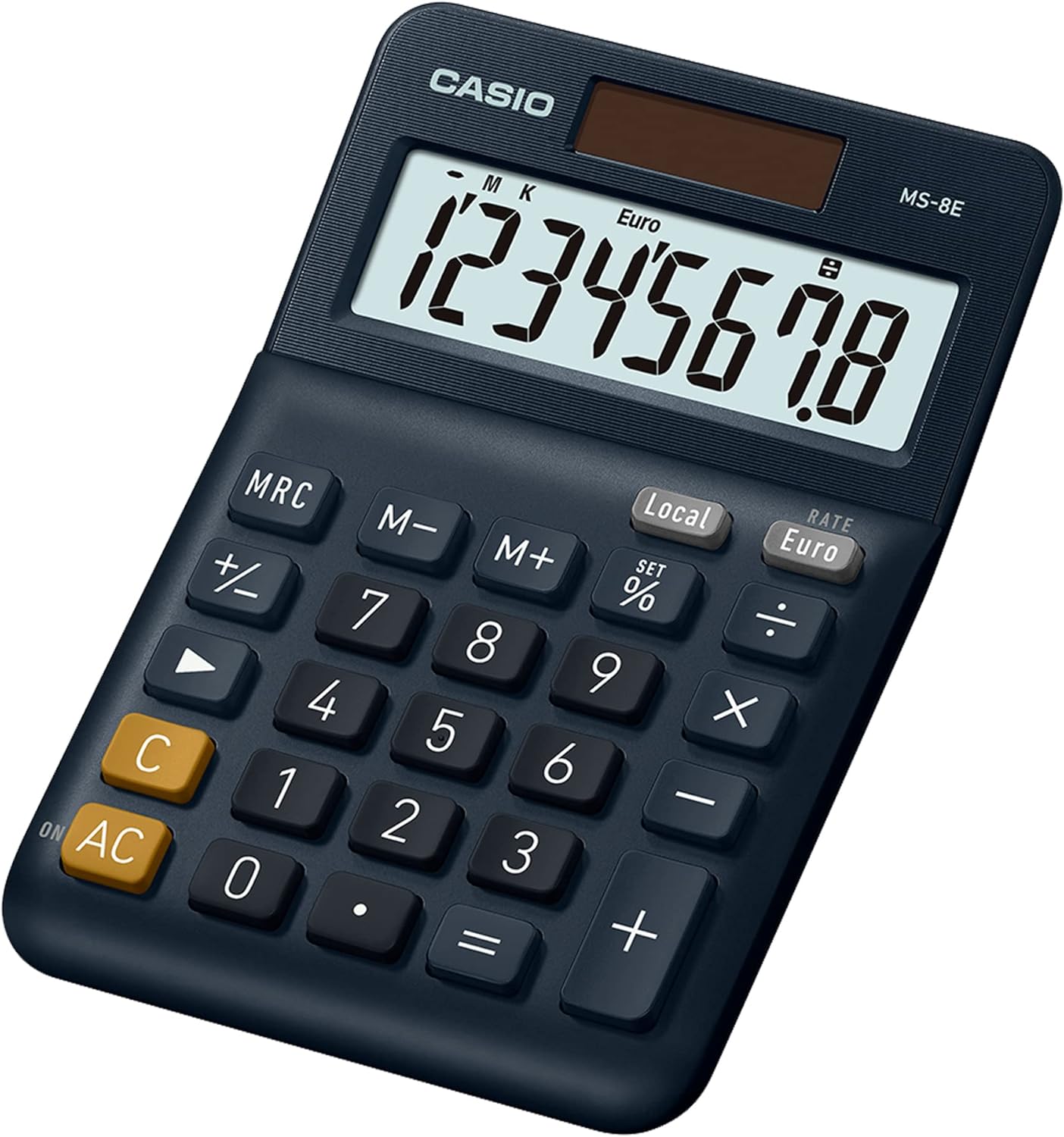 Casio MS-8E Desktop Calculator, 8 Digits, Currency Conversion, Rubber Feet, Quick Correction Button, Solar/Battery Operated, Silver