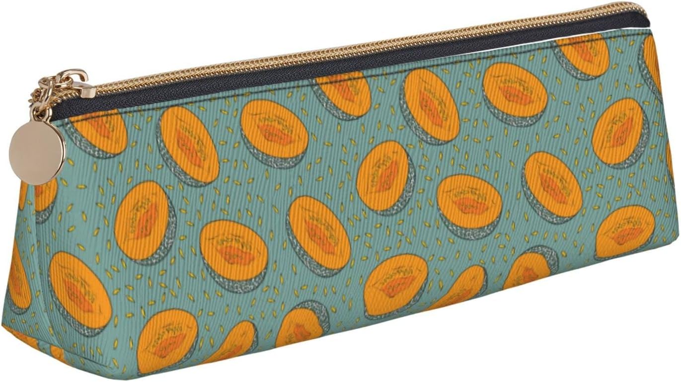 Cartoon Cantaloupe Fruit Pattern Pencil Case Cosmetic Bag Pen Bag Triangle Leather Storage Bag with Zipper Stationery Organizer for Adults Office, Cartoon Cantaloupe Fruit Pattern, Bag