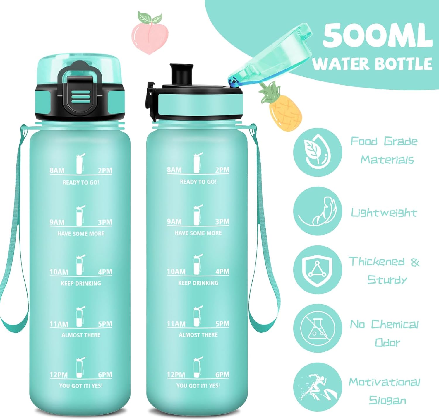 Grsta Children's Water Bottle, 0.5 Litres, Bottle with Time, Water Bottle, Leak-Proof, Water Bottle with Time Marking, Easy to Clean, Adult Bottle for School, Outdoor – Bild 2