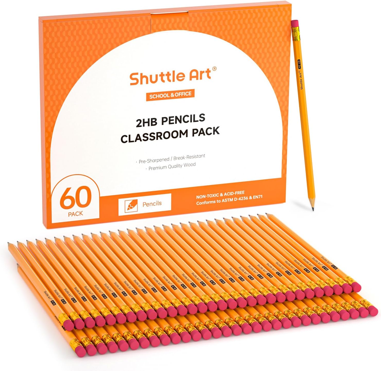 Shuttle Art HB Pencils, 60 Pieces Pre-Sharpened Yellow Pencils with Eraser, Graphite Pencils in Bulk Packaging, Pencil Set for Children and Adults for Writing, Drawing and Sketching
