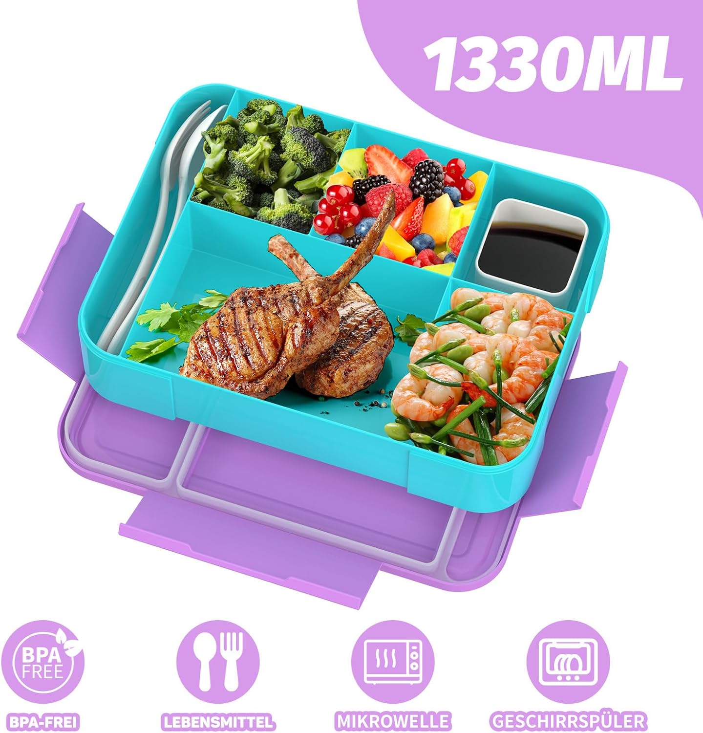 Children's Lunch Box with Compartments, 1300 ml, Lunch Box for Children, Leak-proof Lunch Box with 5 Compartments, Snack Box for Girls and Boys, Perfect for School, Nursery (Macaron Purple) – Bild 2