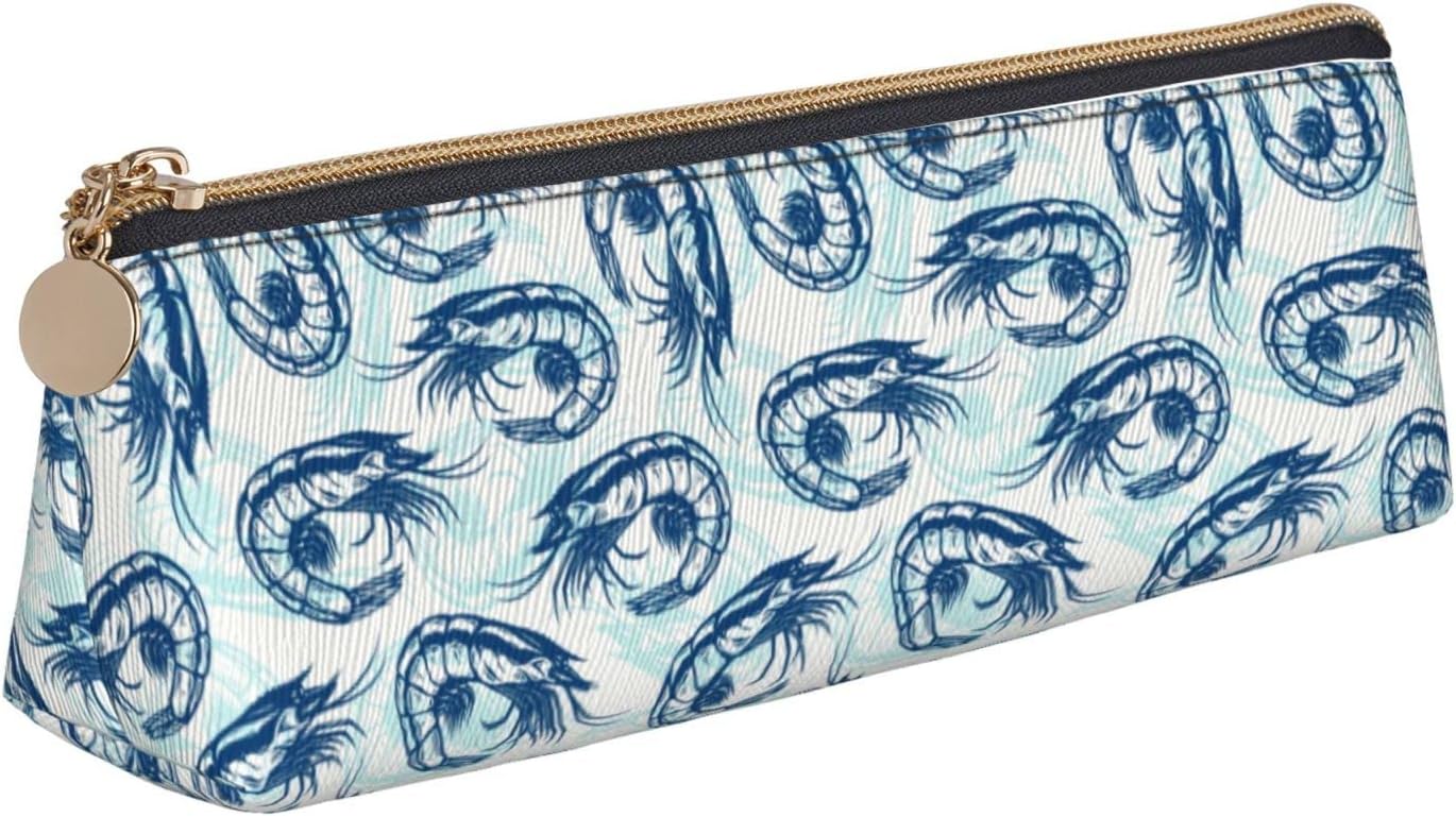 Shrimp Pattern Seafood Pencil Case Cosmetic Bag Pencil Case Triangle Leather Storage Bag Stationery Organizer with Zipper for Adult Office, Shrimp Pattern Sea Food 02, Bag organiser