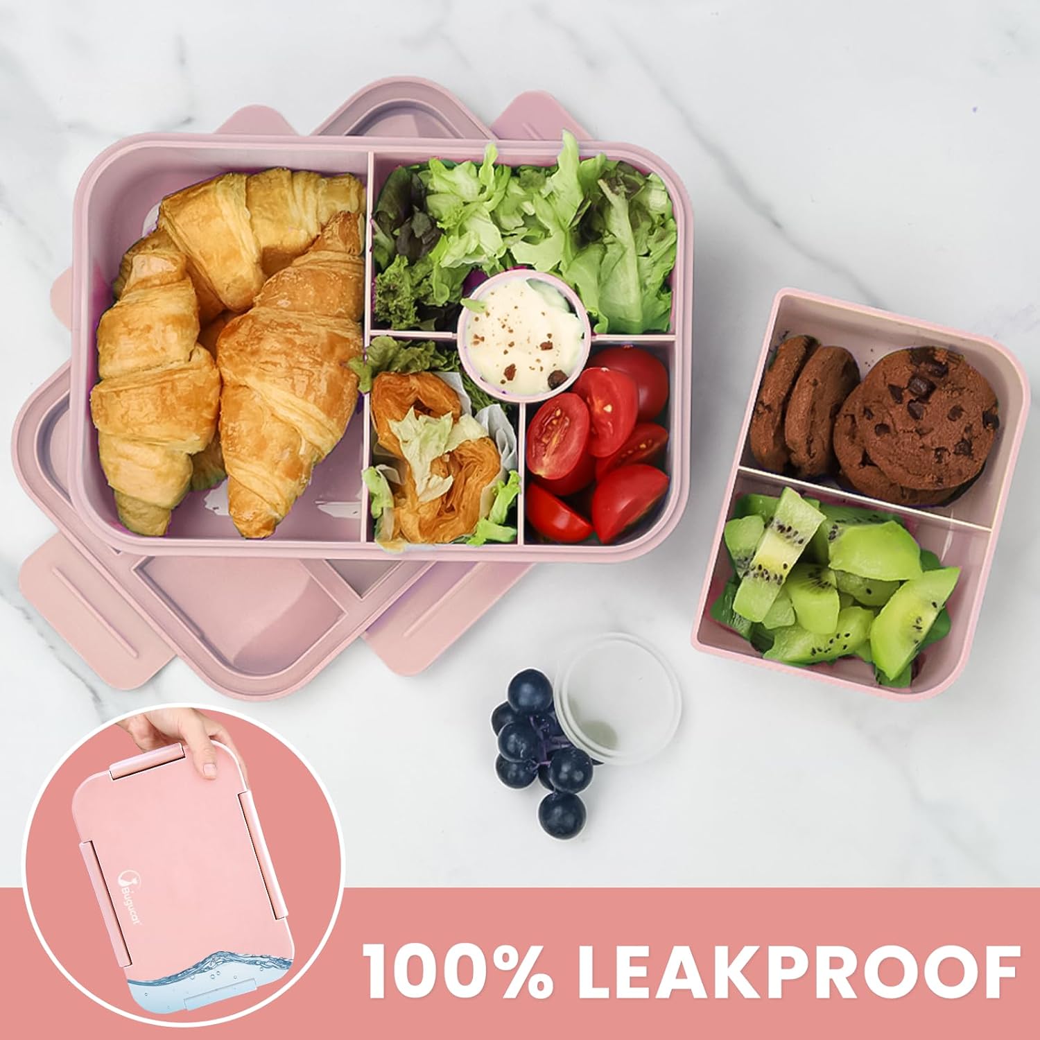 Bugucat Children's Lunchbox with Compartments, 1300 ml, Leak-Proof, Bento Box with Cutlery Set, Sandwich Box for Children and Adults, Breakfast Box for Girls and Boys, Pink – Bild 4