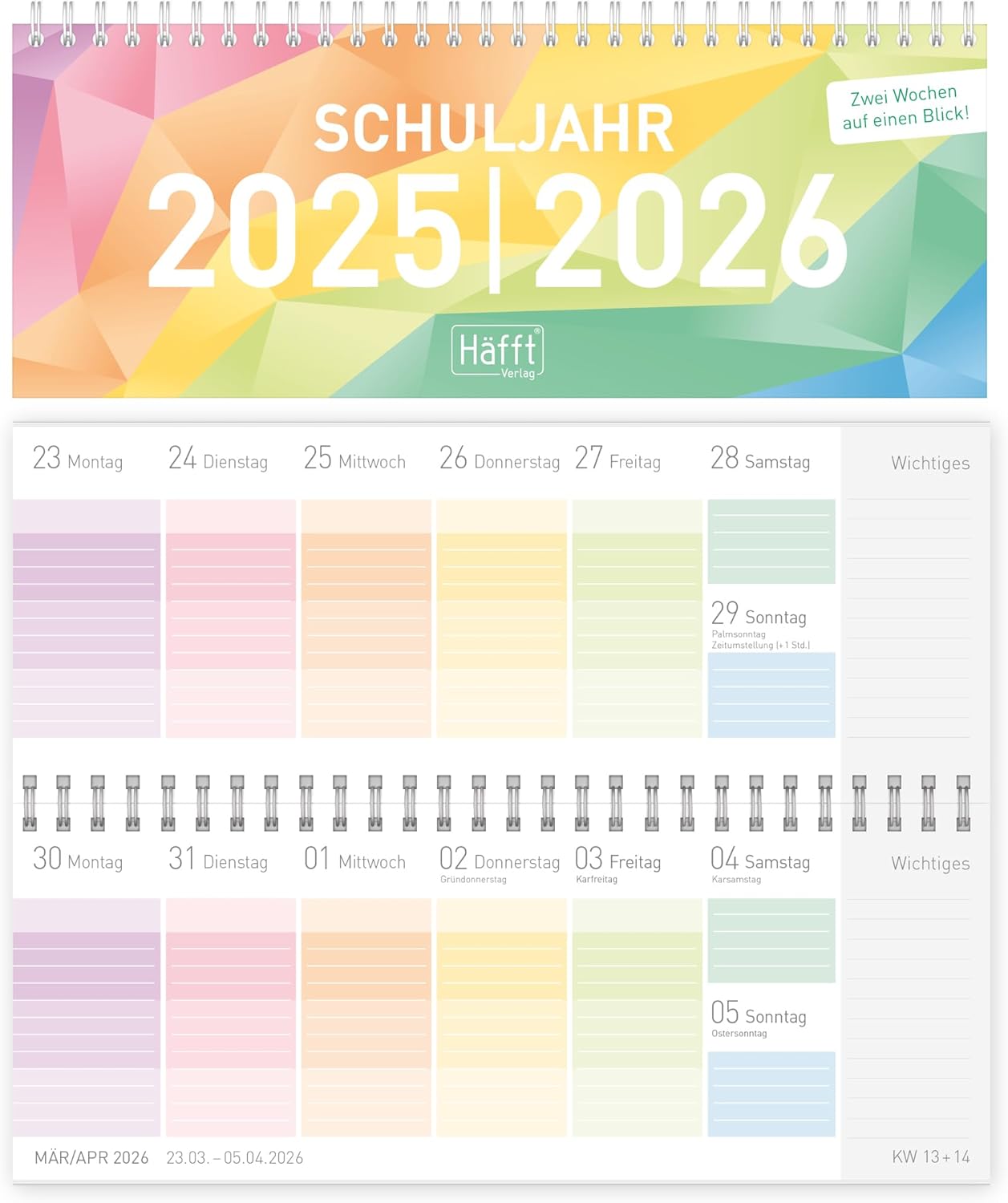 Häfft Desk Calendar School Year 2025 2026 Student Calendar with Weekly Overview 26 x 10.5 cm Spiral Bound with Holiday Overview Sustainable and Climate Friendly