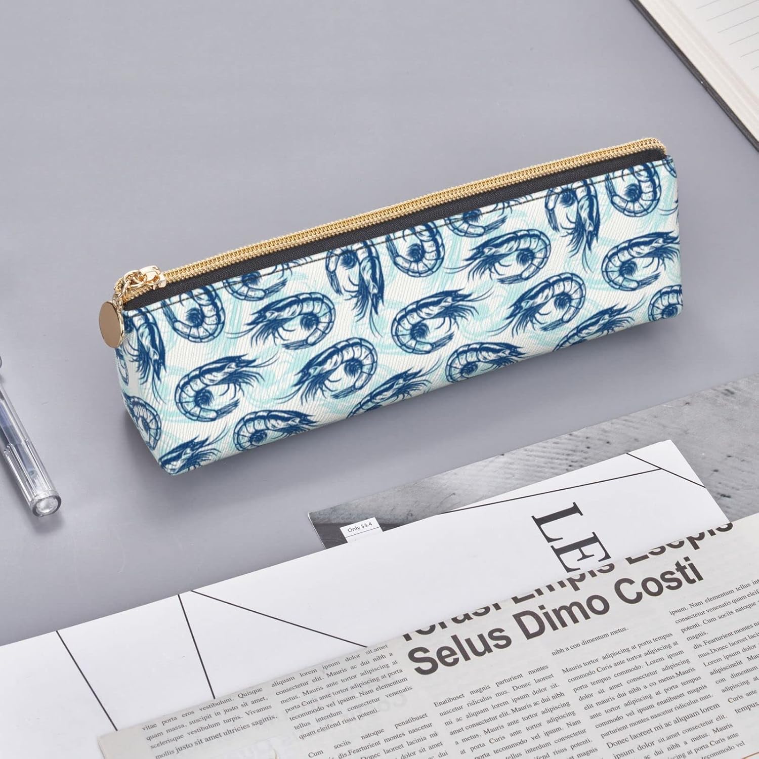 Shrimp Pattern Seafood Pencil Case Cosmetic Bag Pencil Case Triangle Leather Storage Bag Stationery Organizer with Zipper for Adult Office, Shrimp Pattern Sea Food 02, Bag organiser – Bild 8