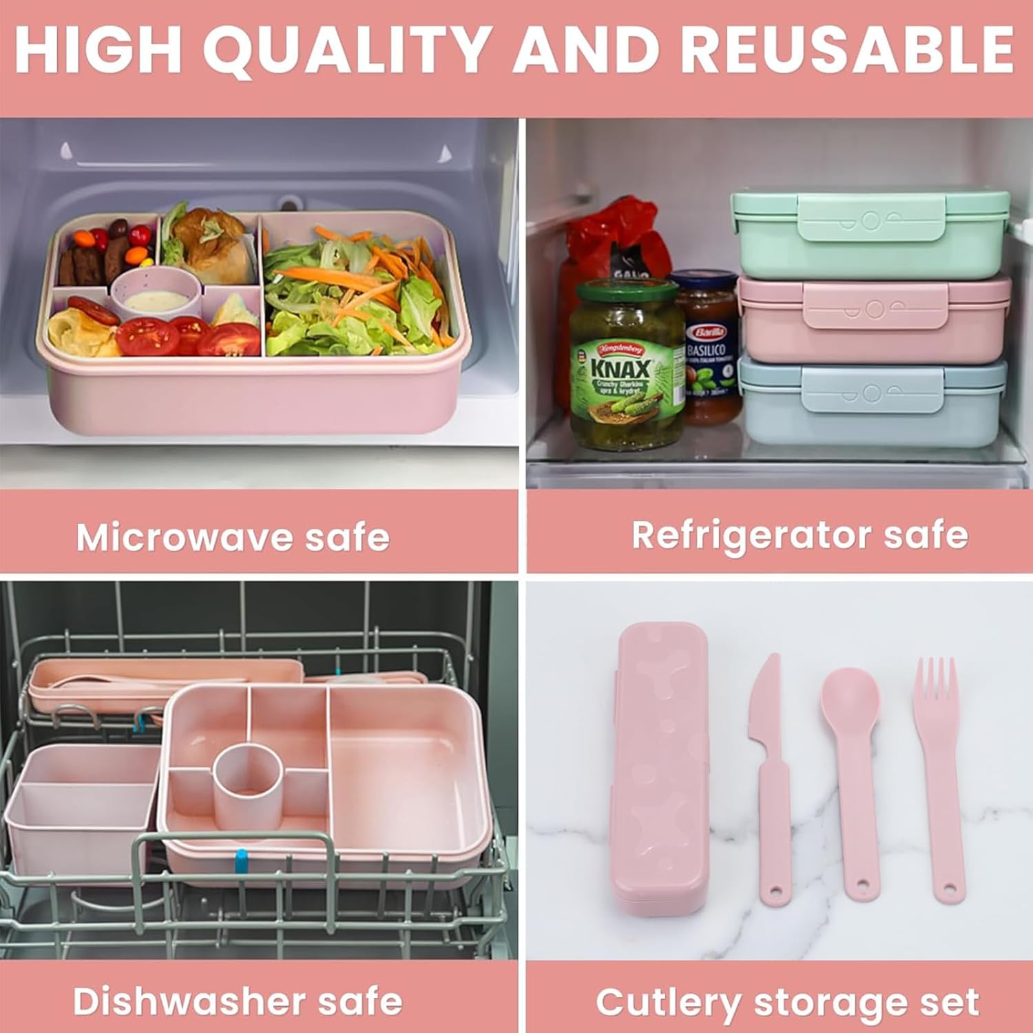 Bugucat Children's Lunchbox with Compartments, 1300 ml, Leak-Proof, Bento Box with Cutlery Set, Sandwich Box for Children and Adults, Breakfast Box for Girls and Boys, Pink – Bild 5