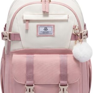 LOVEVOOK School Backpack Teenager Girls 10-18 Years, Backpack Women's Multi Bag, Waterproof School Bag School Bag 5th Class School Bag Daypacks for School University, Beige Pink, Rucksack Backpacks