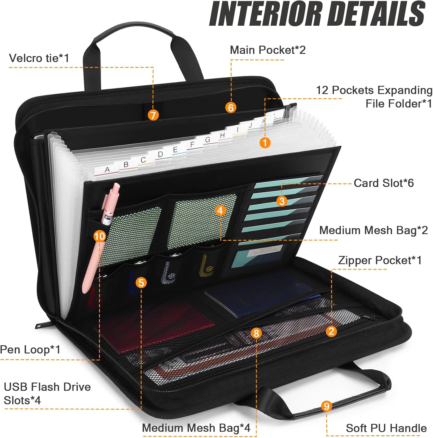 Uquelic Document Folder A4 with Handle, Document Organiser with 12 Compartments and Multiple Compartments, Expandable File Folder for Office, Home, School (Black) – Bild 3