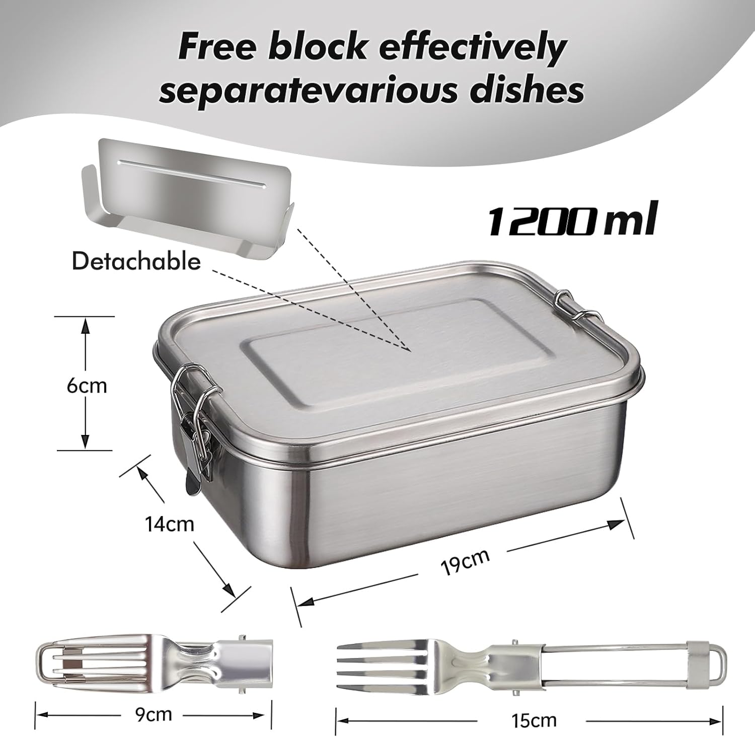 Stainless Steel Lunch Box, 1200 ml Lunch Box, Leak-Proof with Removable Divider, Lunch Boxes, Metal, Environmentally Friendly, for Adults and Children – Bild 2